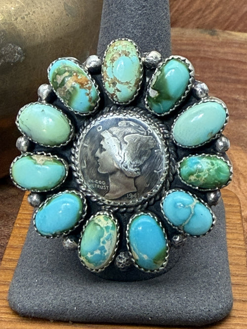 *Native American Made *  Navajo Annie Spencer:  Sonoran Cluster Ring with 1941 Liberty Dime Coin