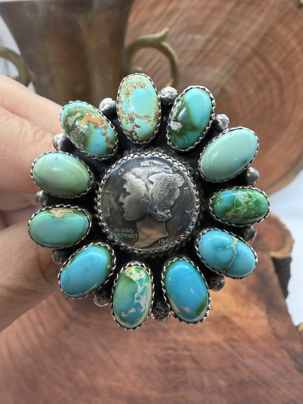 *Native American Made *  Navajo Annie Spencer:  Sonoran Cluster Ring with 1941 Liberty Dime Coin