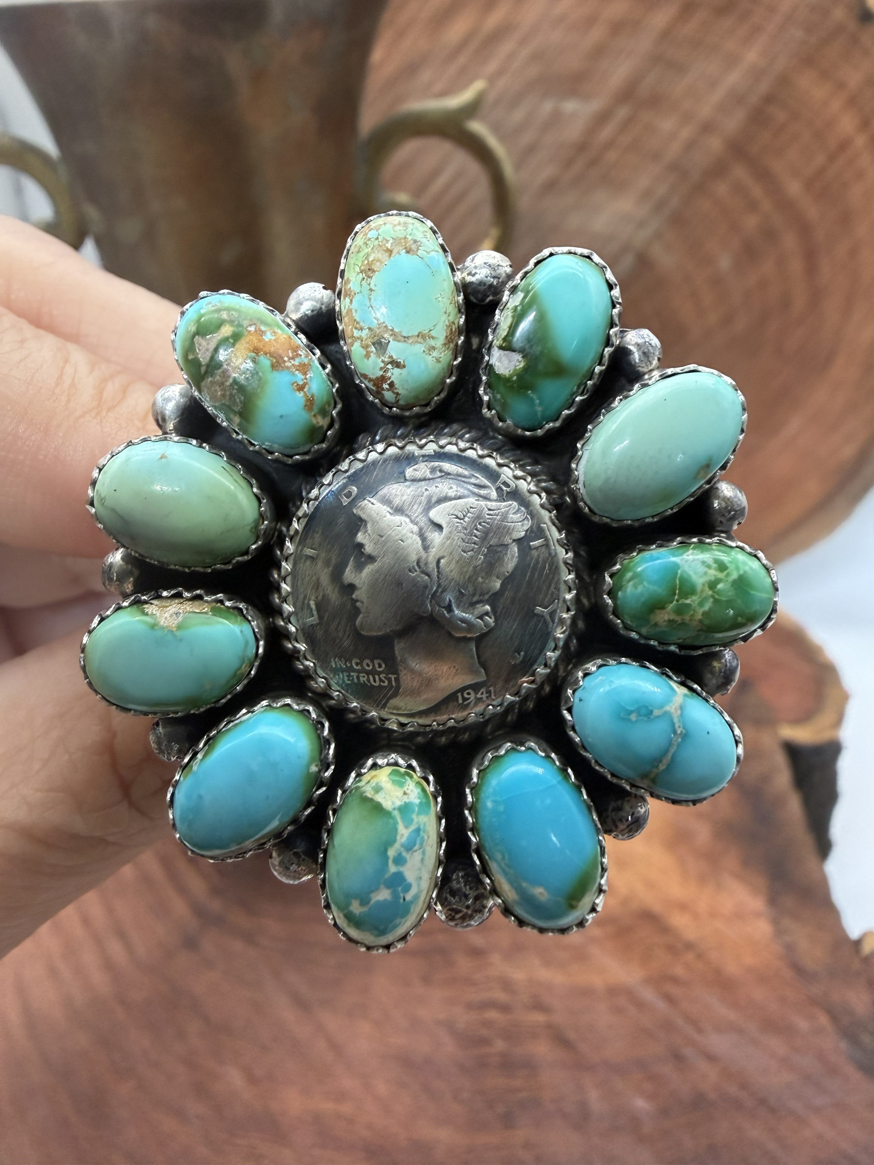 *Native American Made *  Navajo Annie Spencer:  Sonoran Cluster Ring with 1941 Liberty Dime Coin