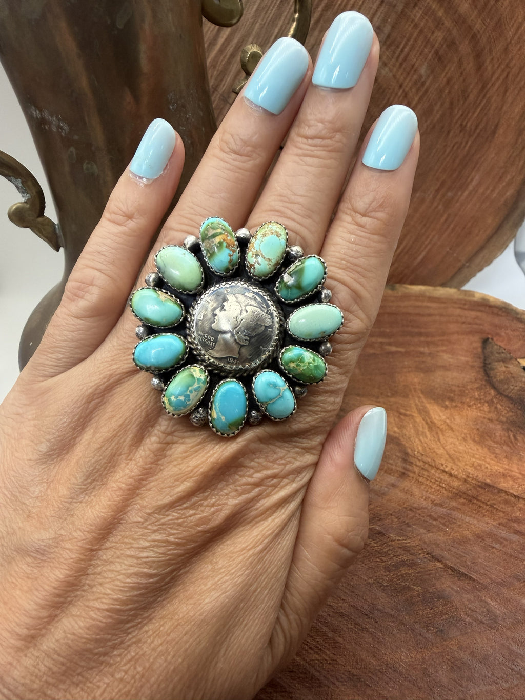 *Native American Made *  Navajo Annie Spencer:  Sonoran Cluster Ring with 1941 Liberty Dime Coin