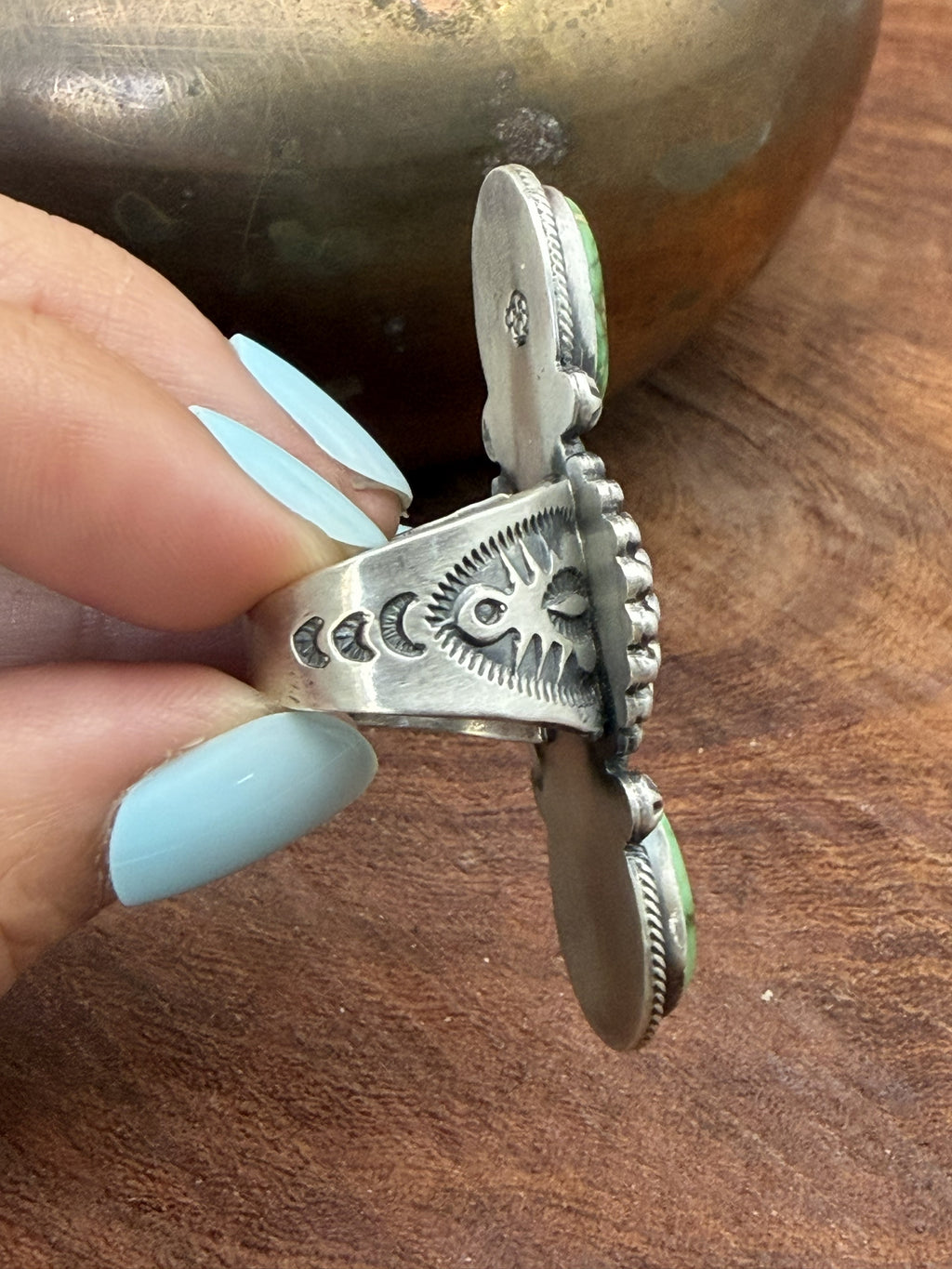 *Native American Made * Navajo Marita Benally:  Sonoran Crawler Ring with shield in Middle