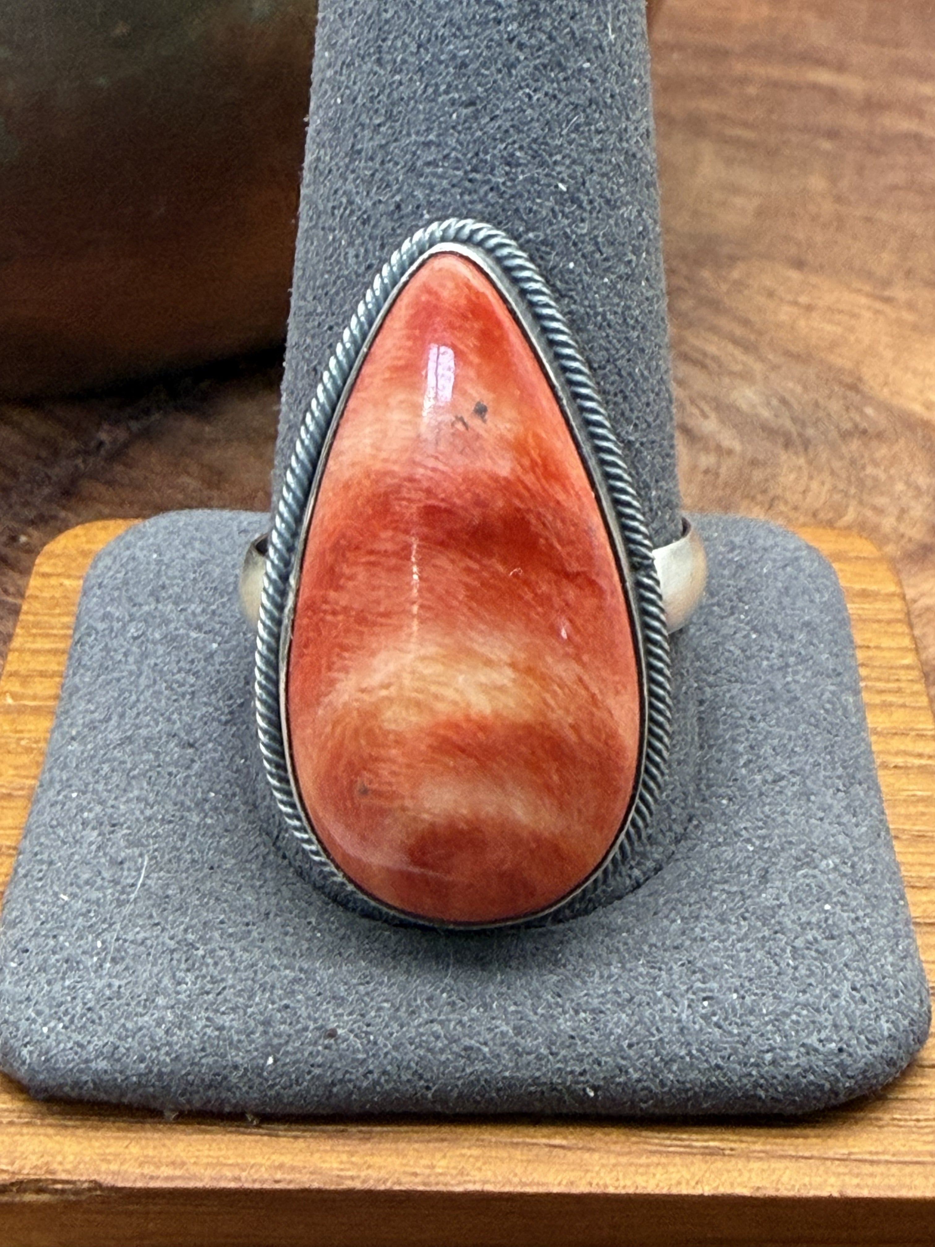 *Native American Made*  Navajo Scott Skeets Orange Spiney Tear Drop Ring
