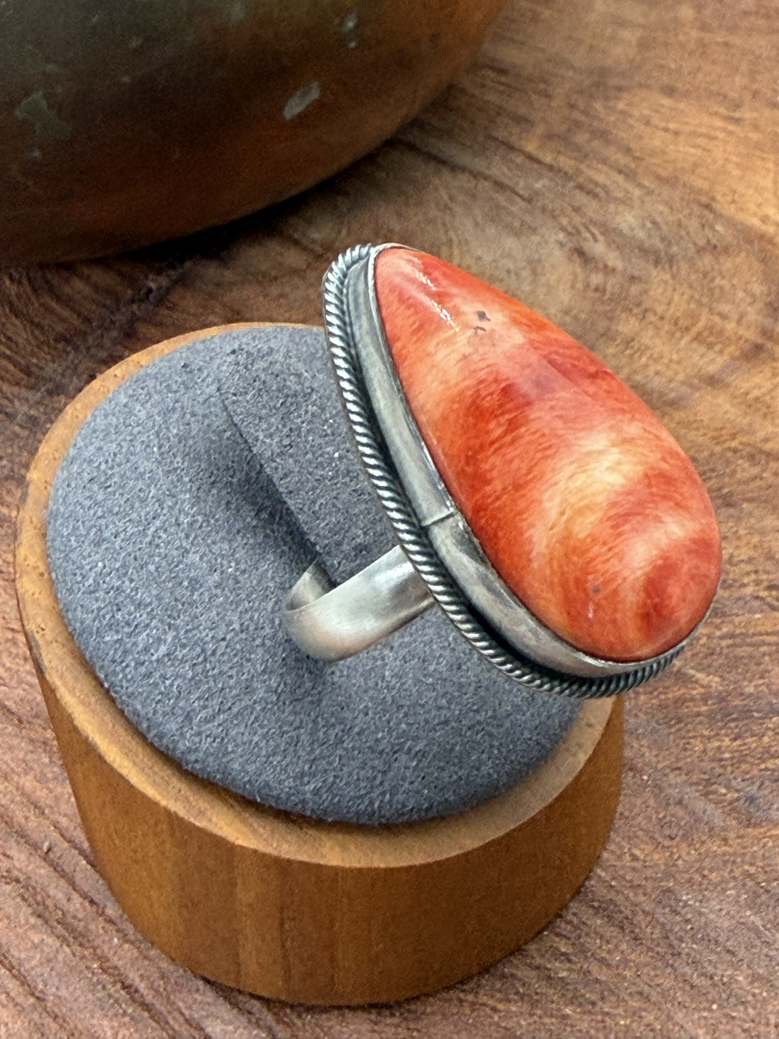 *Native American Made*  Navajo Scott Skeets Orange Spiney Tear Drop Ring