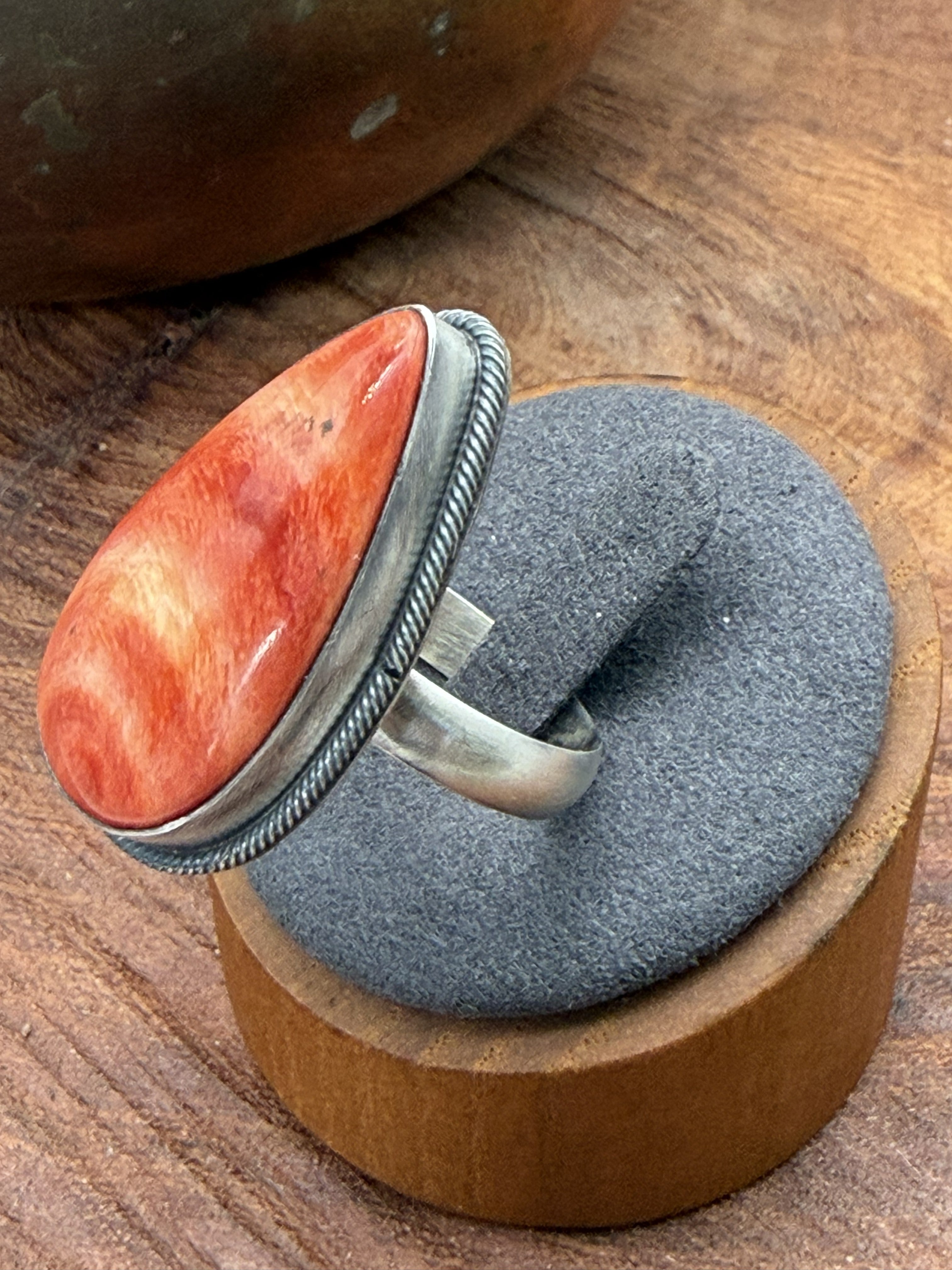 *Native American Made*  Navajo Scott Skeets Orange Spiney Tear Drop Ring