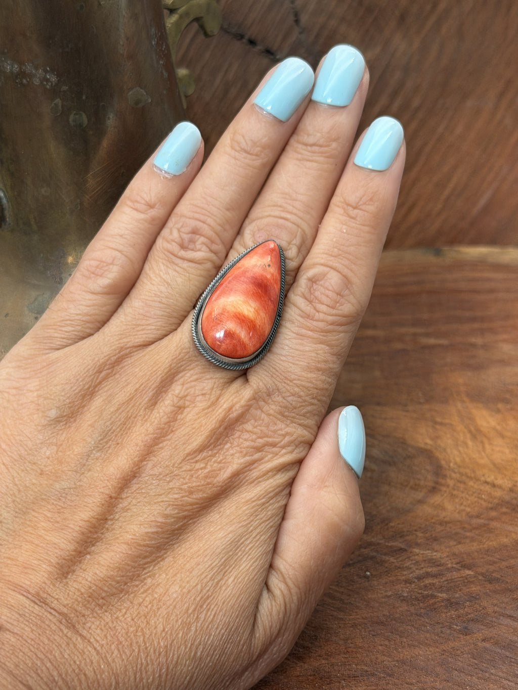 *Native American Made*  Navajo Scott Skeets Orange Spiney Tear Drop Ring
