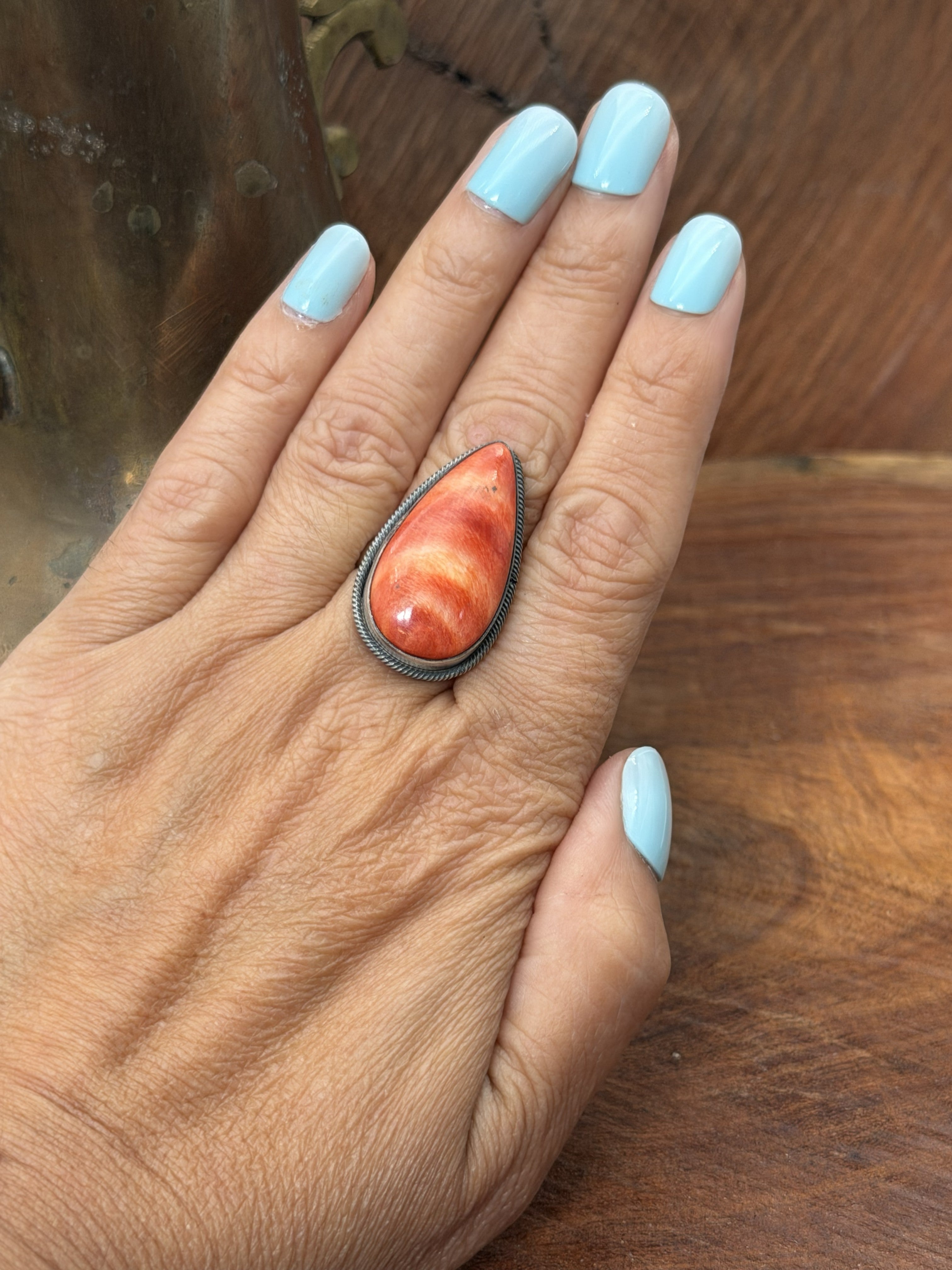 *Native American Made*  Navajo Scott Skeets Orange Spiney Tear Drop Ring