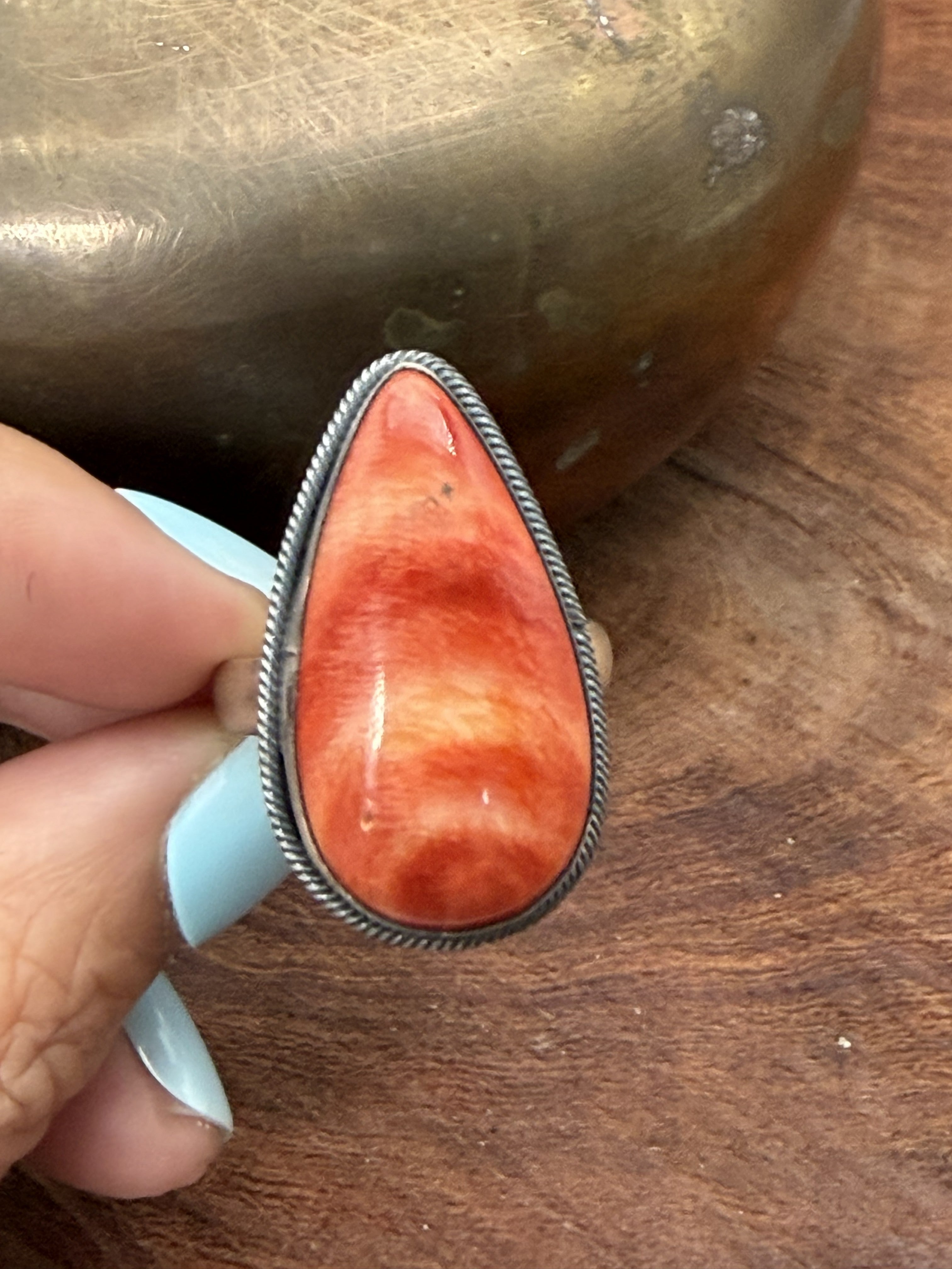 *Native American Made*  Navajo Scott Skeets Orange Spiney Tear Drop Ring