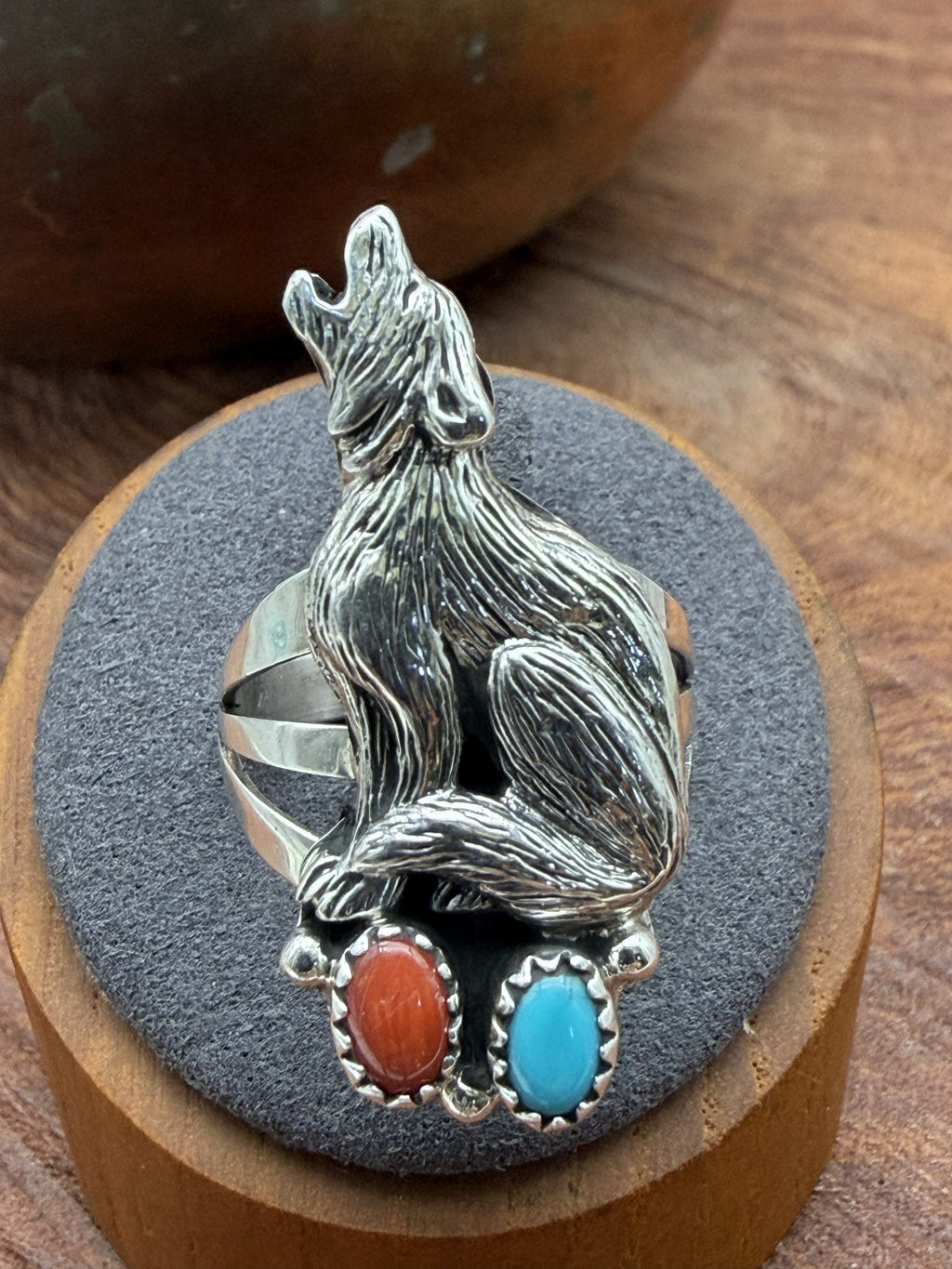 *Native American Made* Navajo Robinson Martinez:  Wolf with Turquoise and Coral Ring