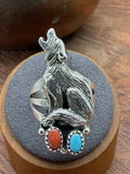 *Native American Made* Navajo Robinson Martinez:  Wolf with Turquoise and Coral Ring