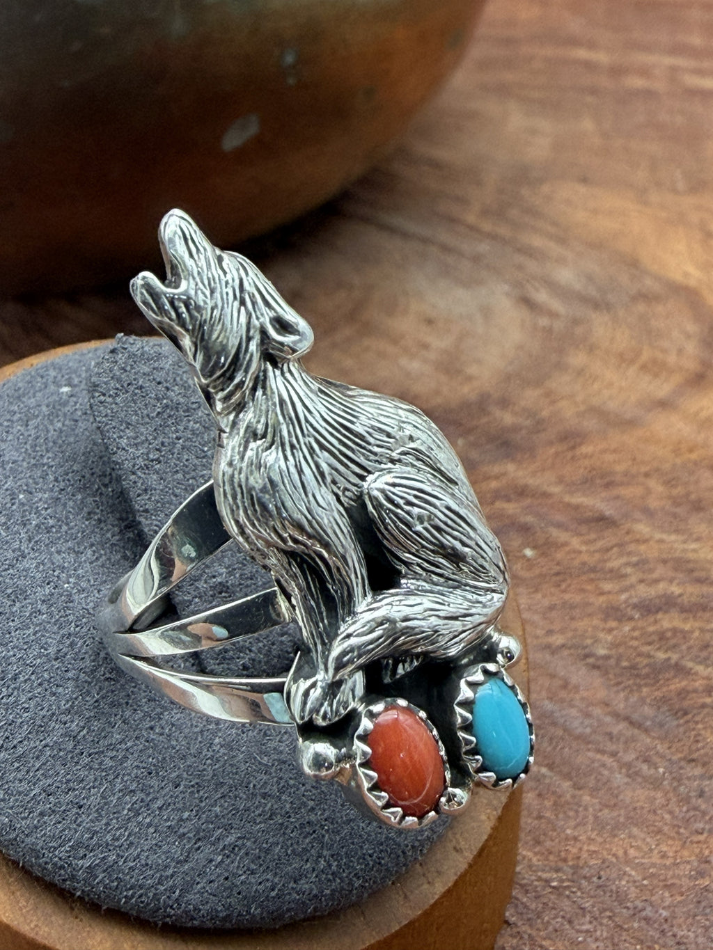 *Native American Made* Navajo Robinson Martinez:  Wolf with Turquoise and Coral Ring