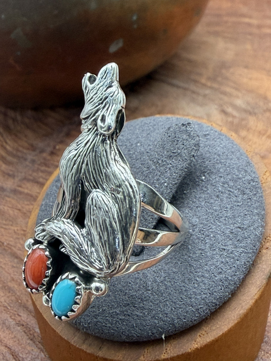 *Native American Made* Navajo Robinson Martinez:  Wolf with Turquoise and Coral Ring