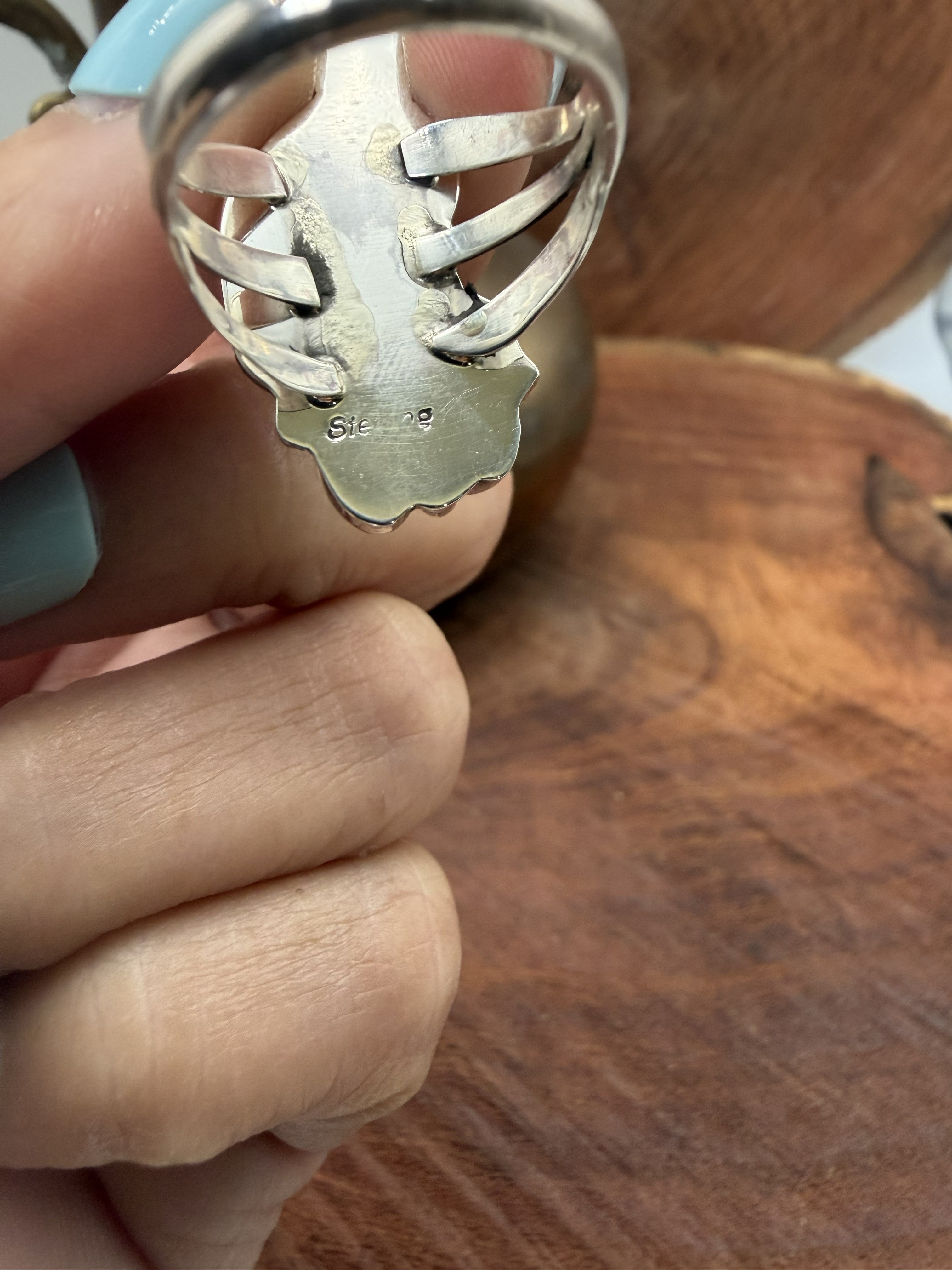 *Native American Made* Navajo Robinson Martinez:  Wolf with Turquoise and Coral Ring