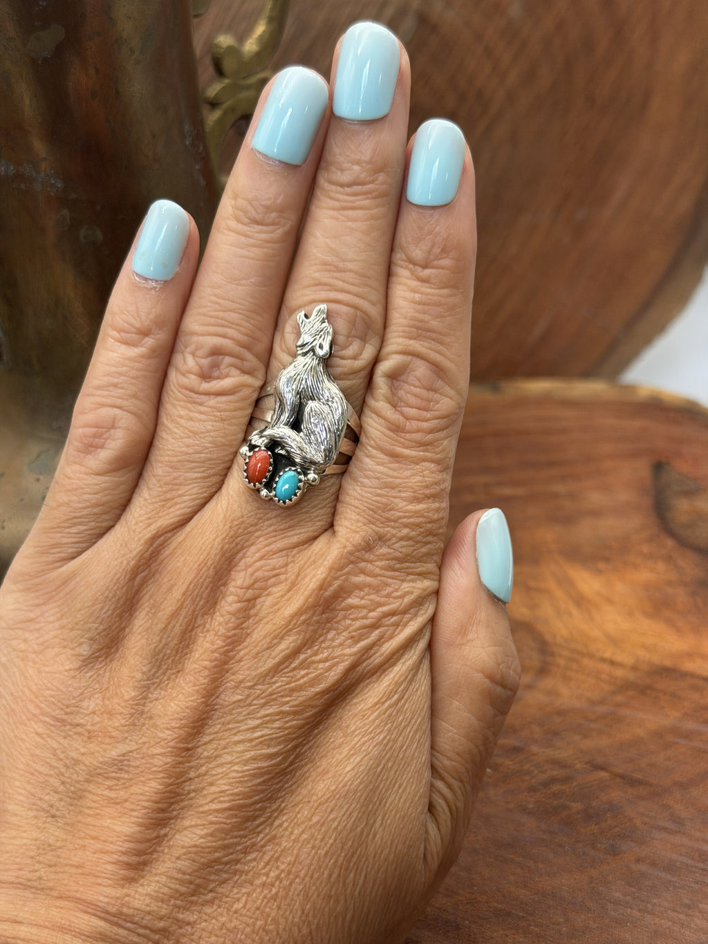 *Native American Made* Navajo Robinson Martinez:  Wolf with Turquoise and Coral Ring