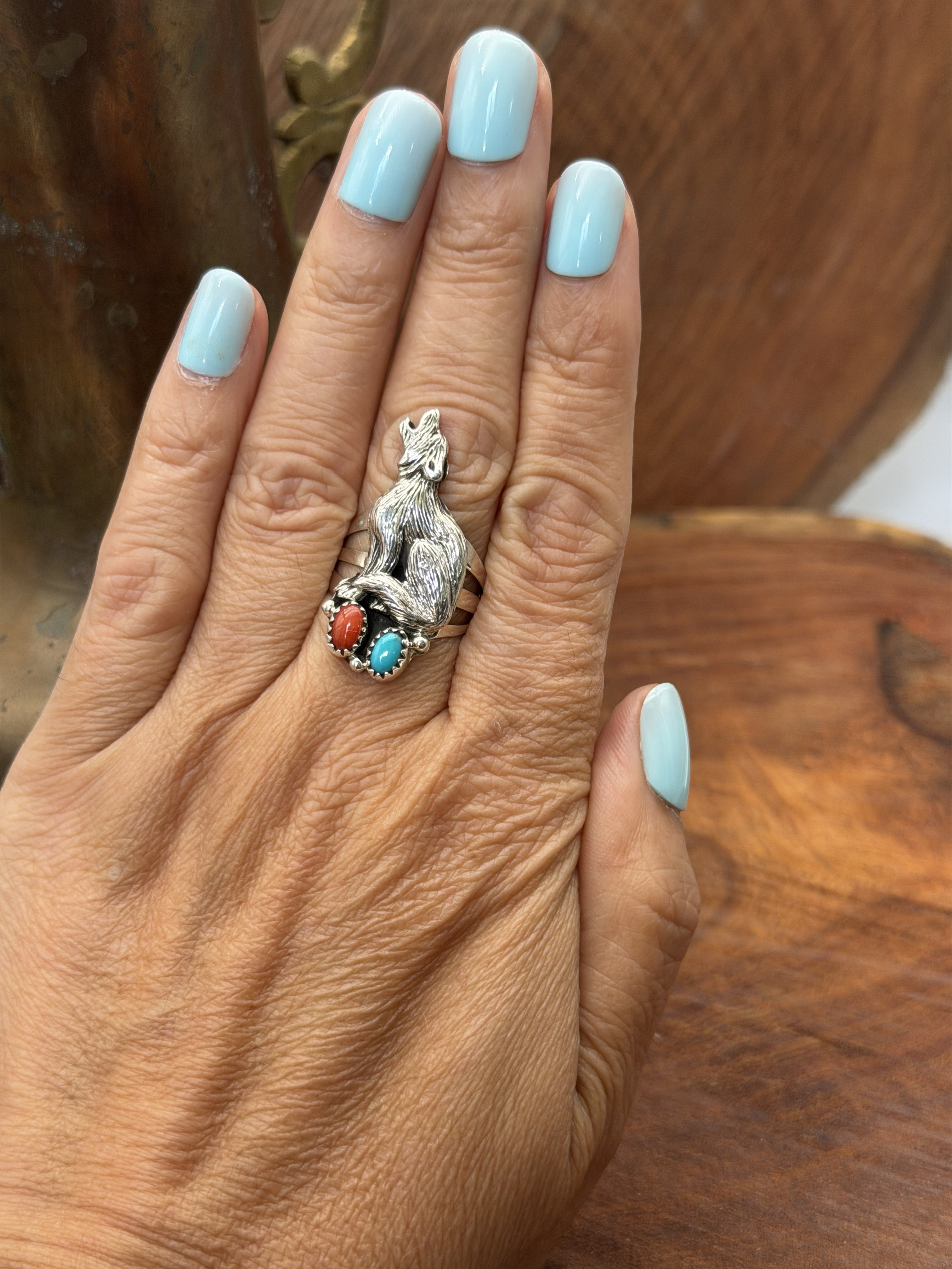 *Native American Made* Navajo Robinson Martinez:  Wolf with Turquoise and Coral Ring