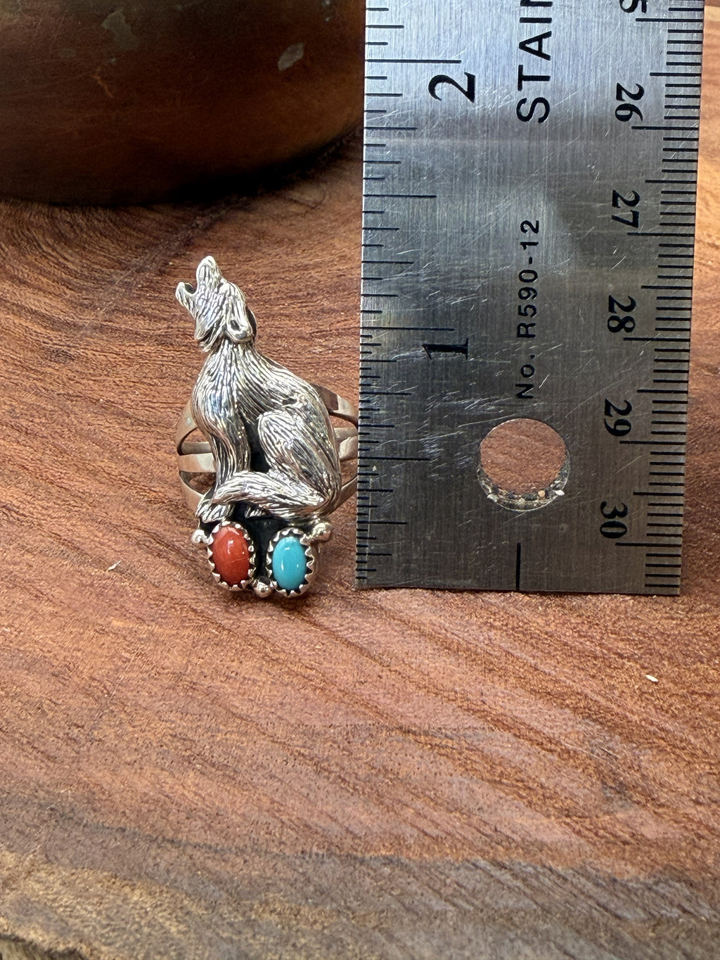 *Native American Made* Navajo Robinson Martinez:  Wolf with Turquoise and Coral Ring