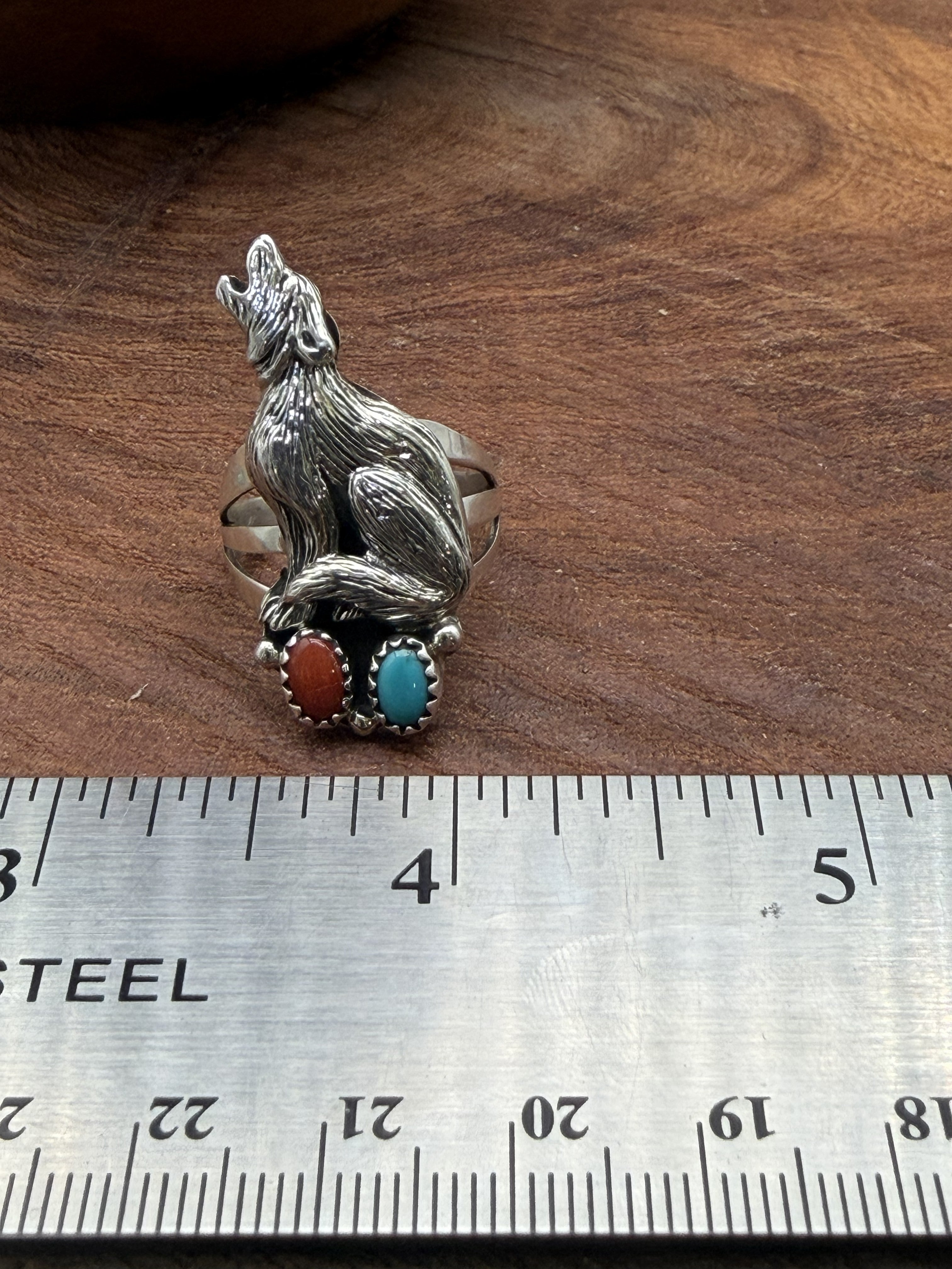 *Native American Made* Navajo Robinson Martinez:  Wolf with Turquoise and Coral Ring