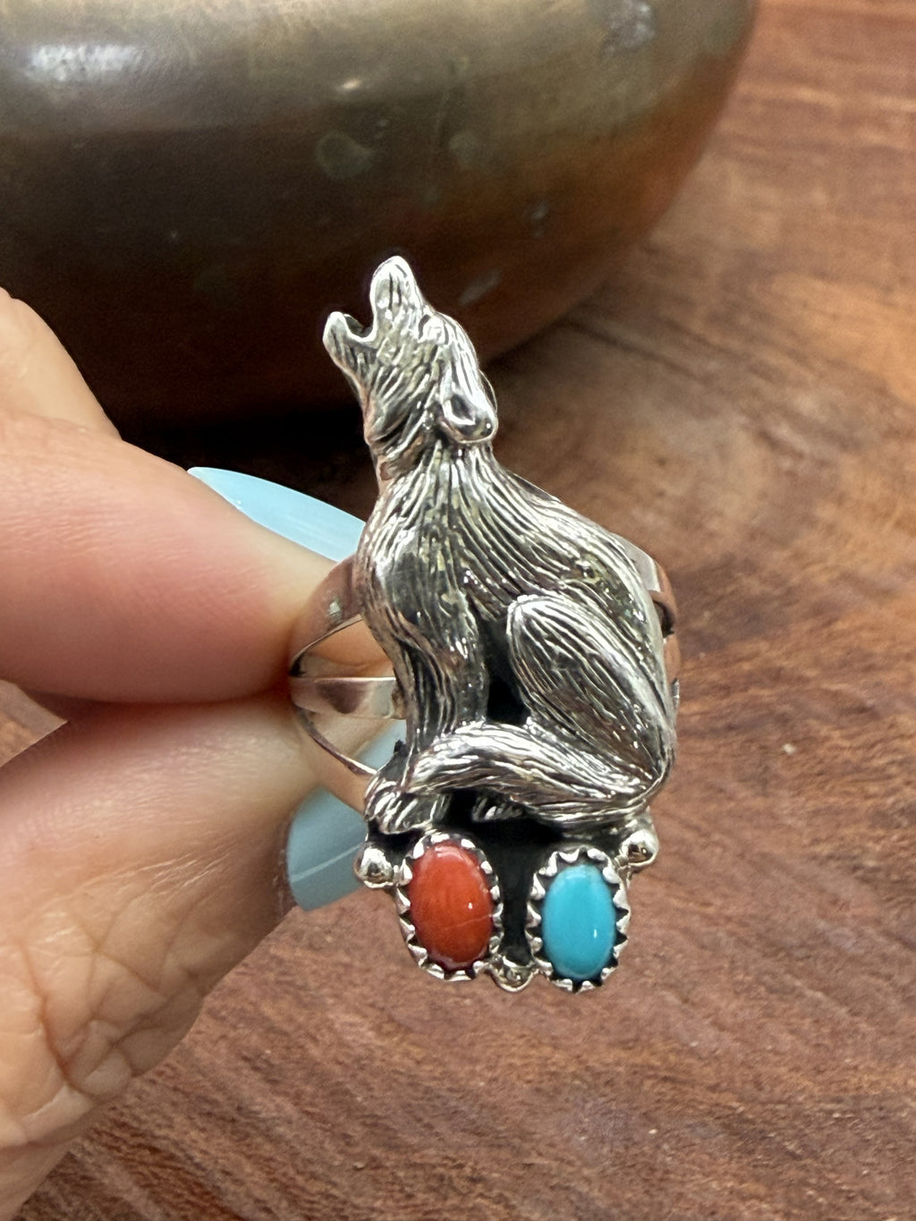*Native American Made* Navajo Robinson Martinez:  Wolf with Turquoise and Coral Ring