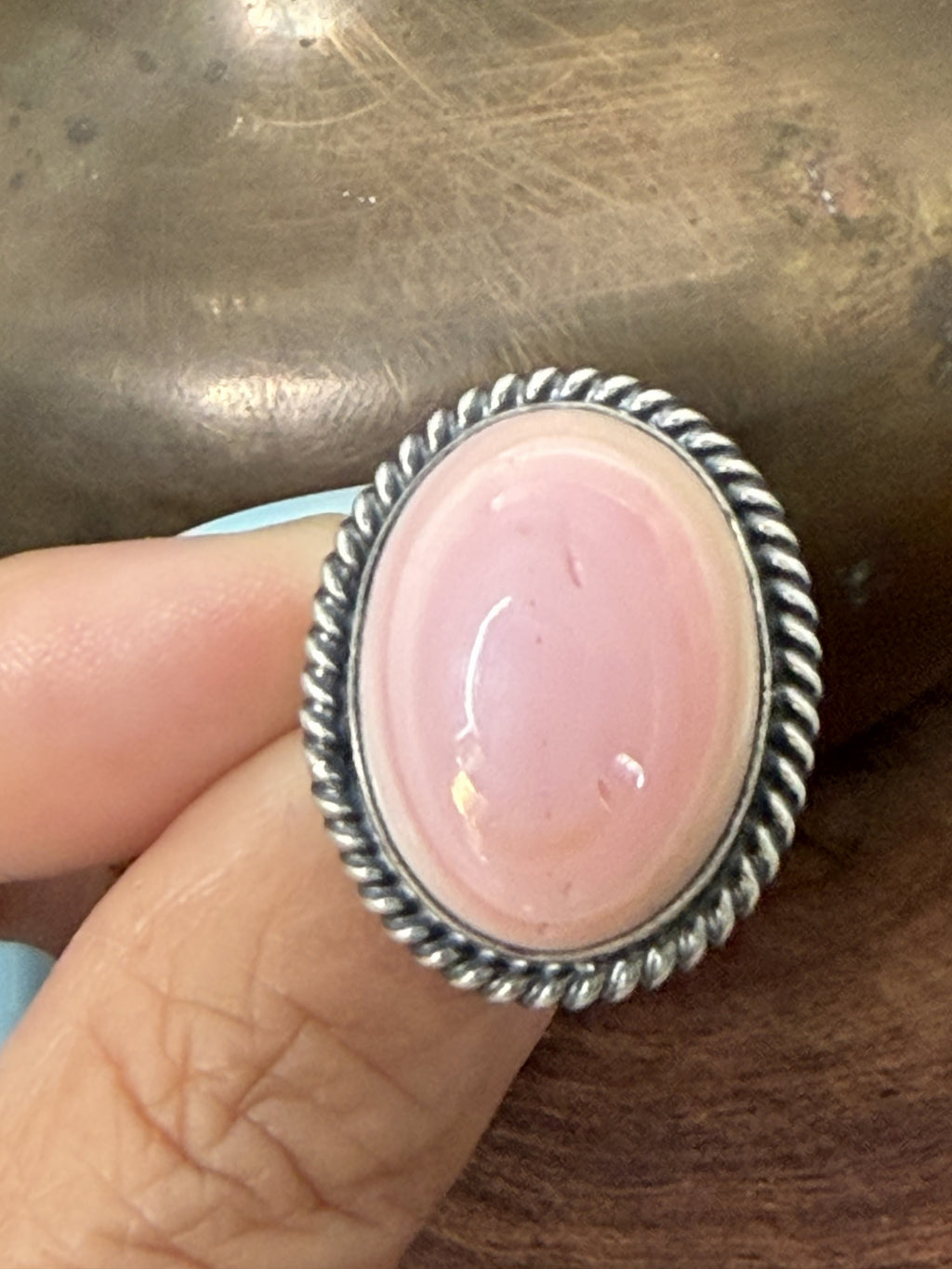*Native American Made*  Navajo J. Belin:  Pink Conch Oval Ring