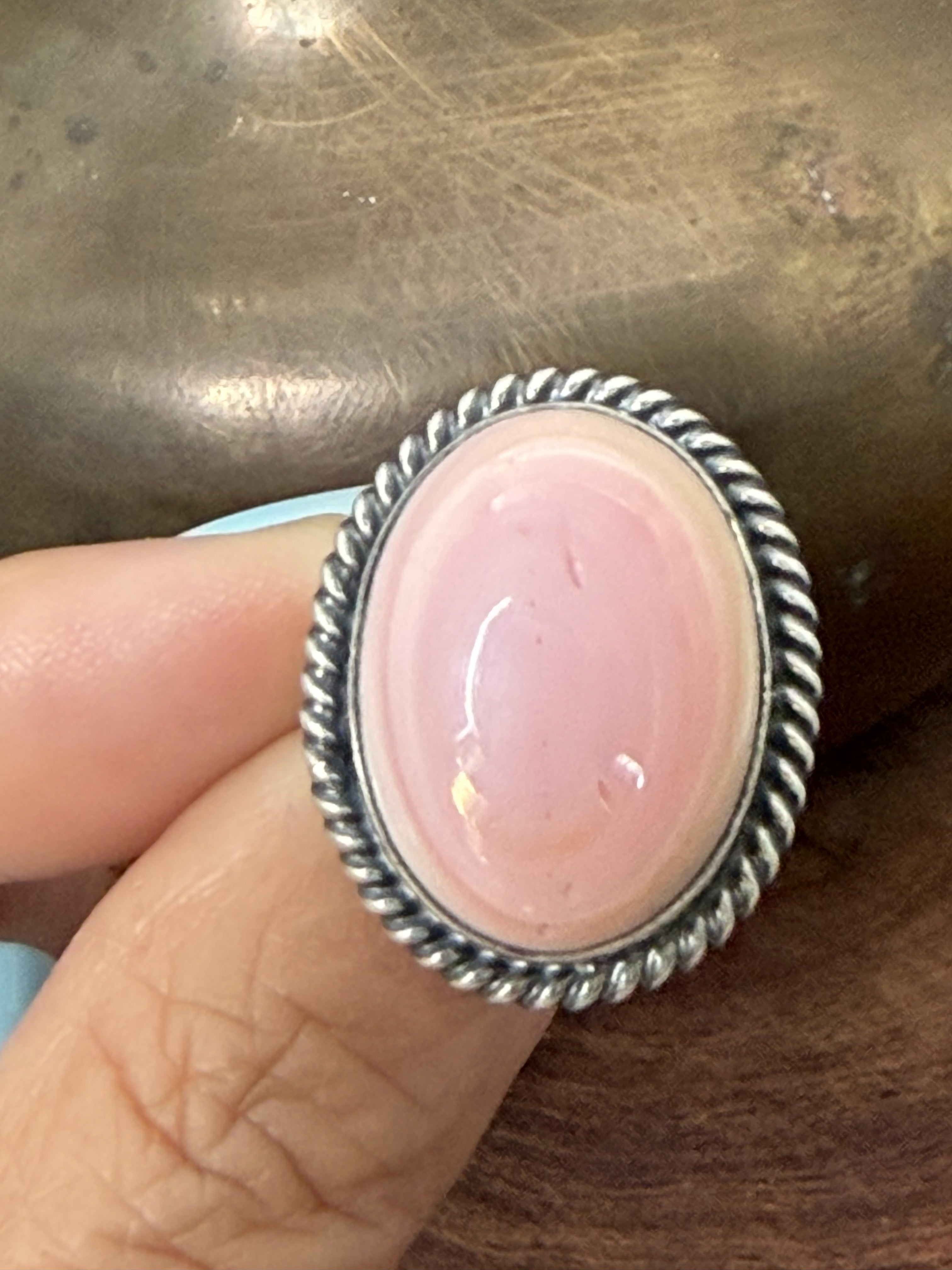 *Native American Made*  Navajo J. Belin:  Pink Conch Oval Ring