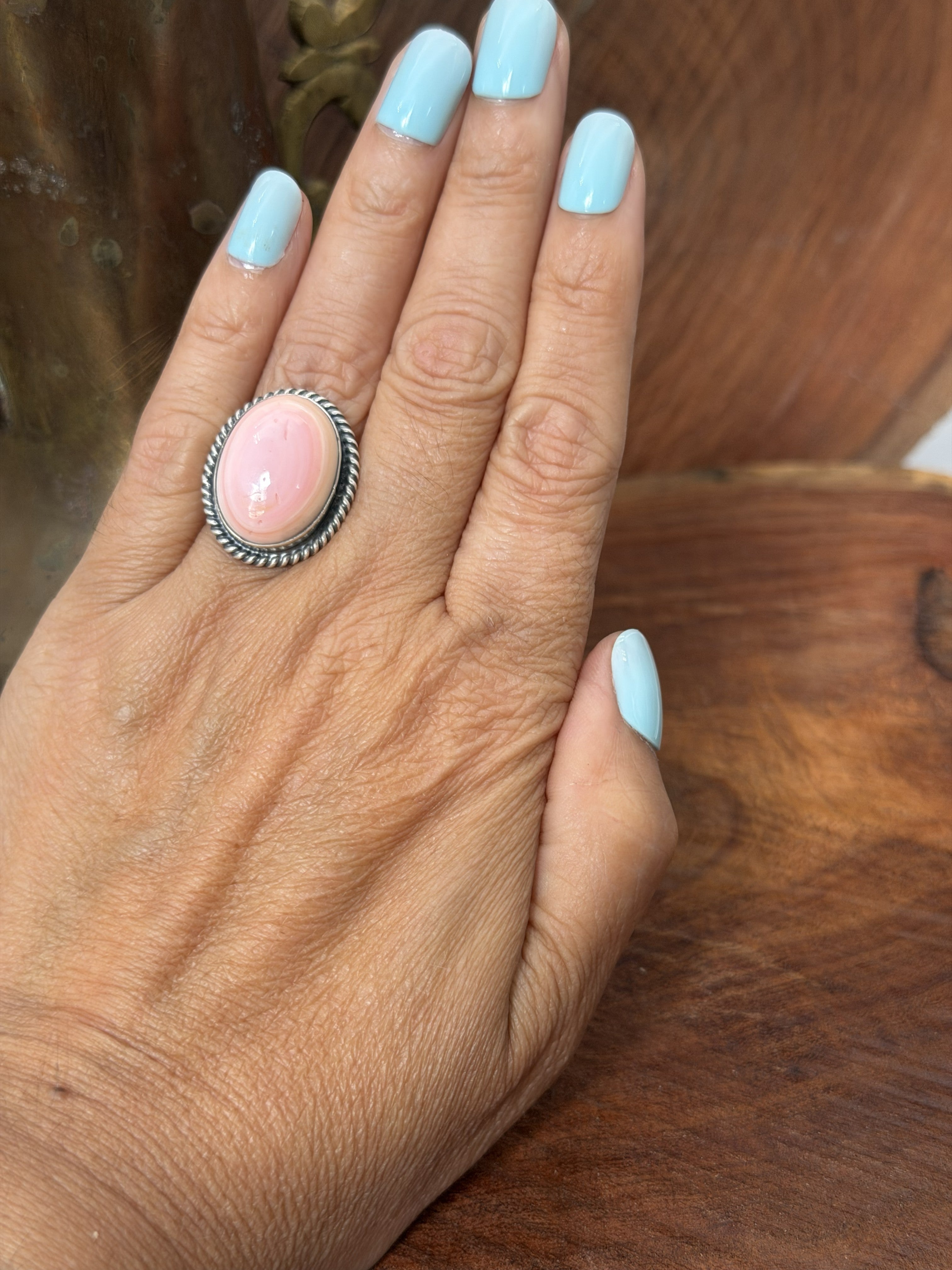 *Native American Made*  Navajo J. Belin:  Pink Conch Oval Ring