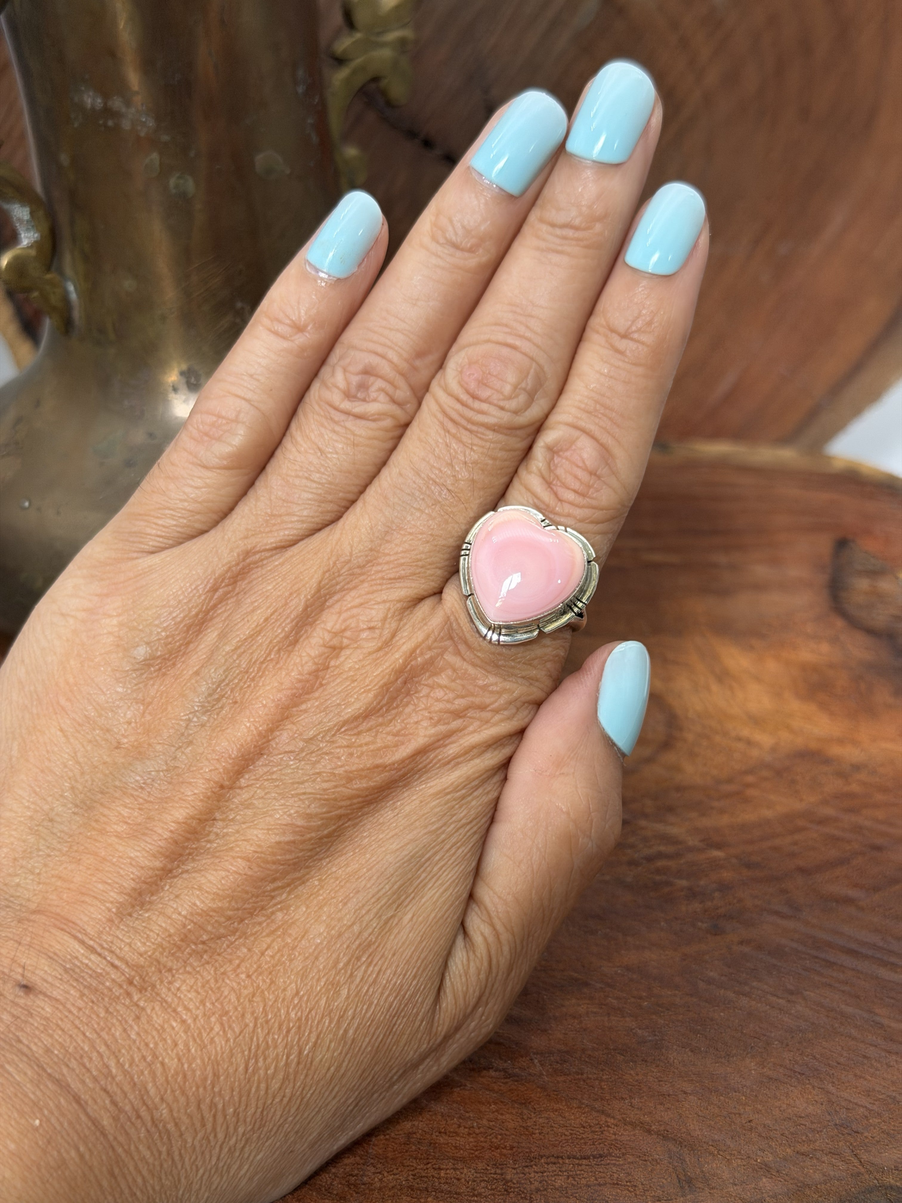 *Native American Made*  Navajo Samson Etsitty:  Pink Conch Heart Ring