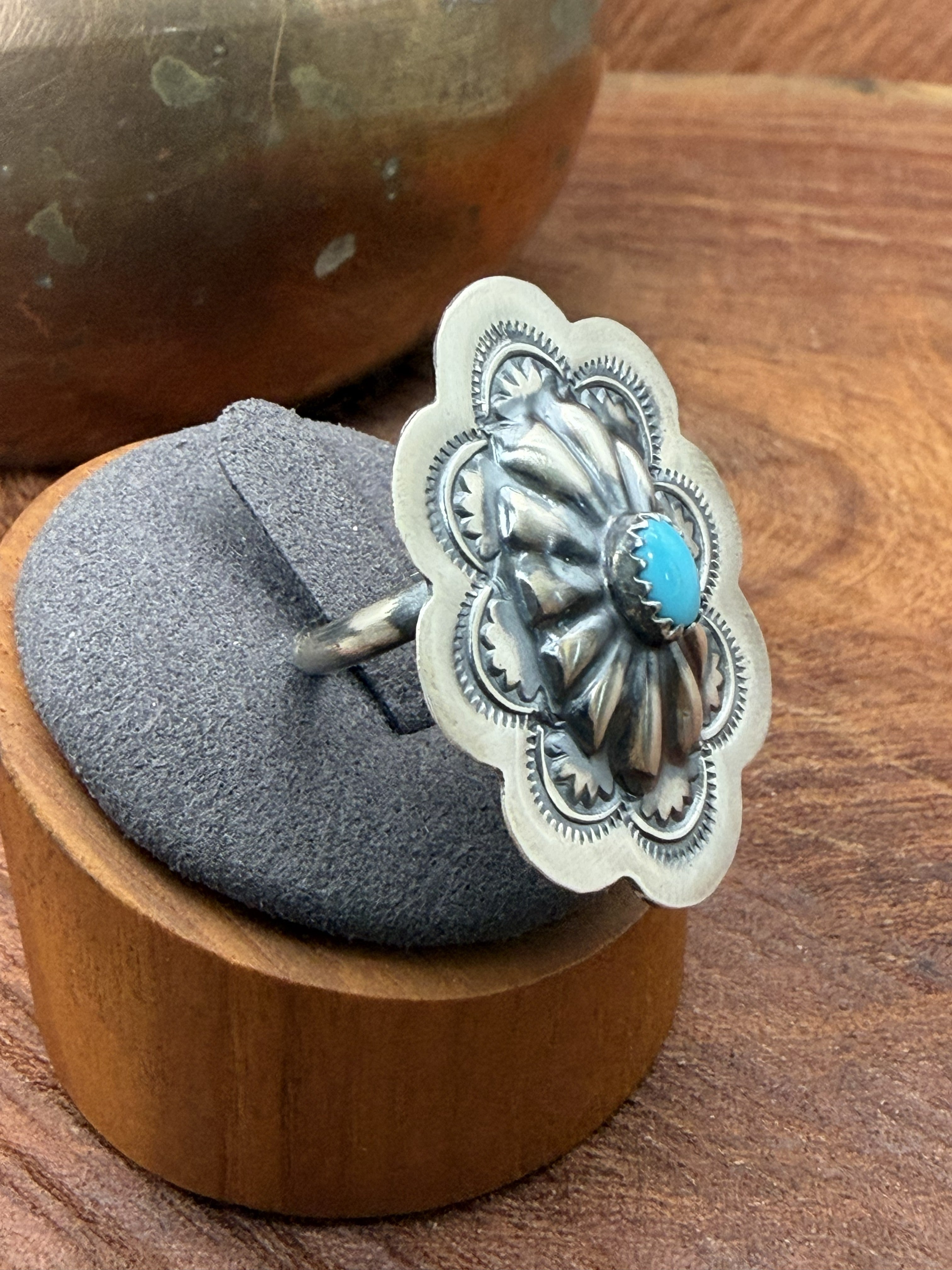 *Native American Made*  Navajo Raymond Benally:  Sleeping Beauty Concho Ring