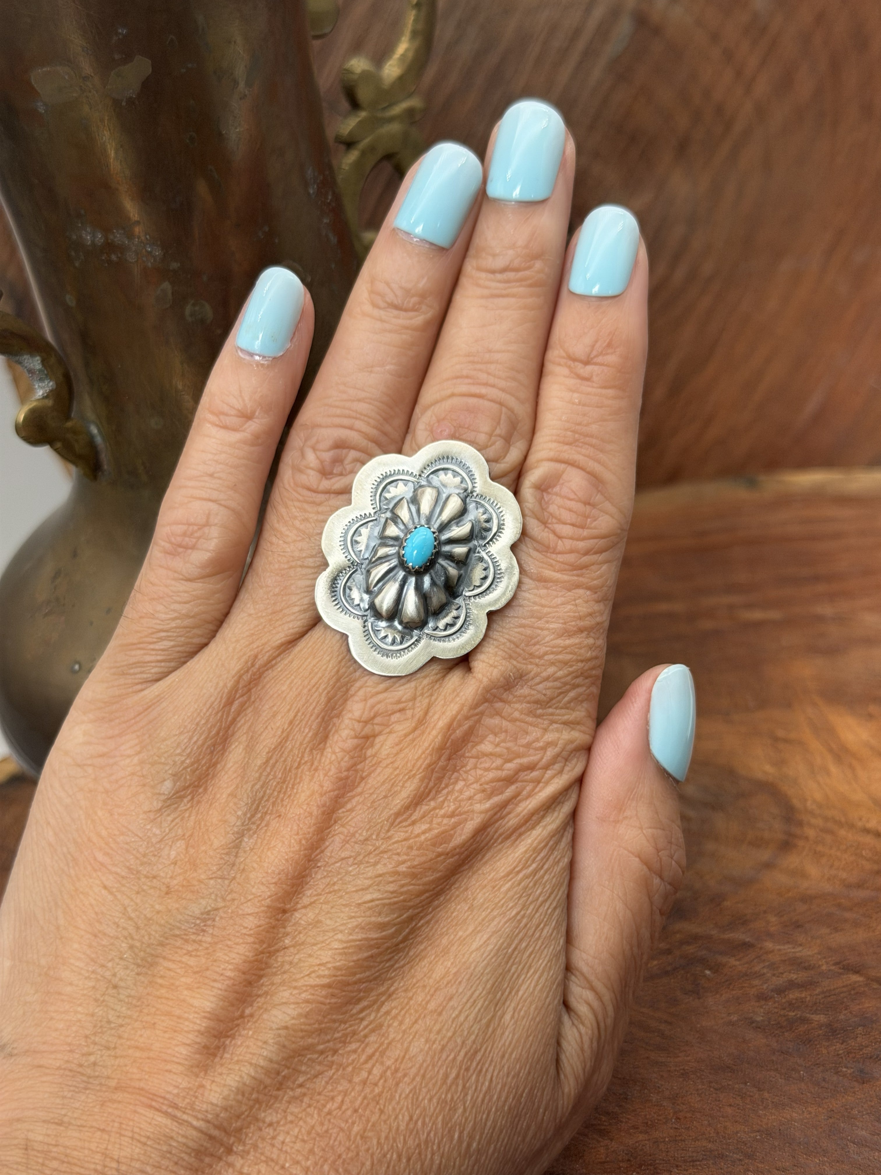 *Native American Made*  Navajo Raymond Benally:  Sleeping Beauty Concho Ring