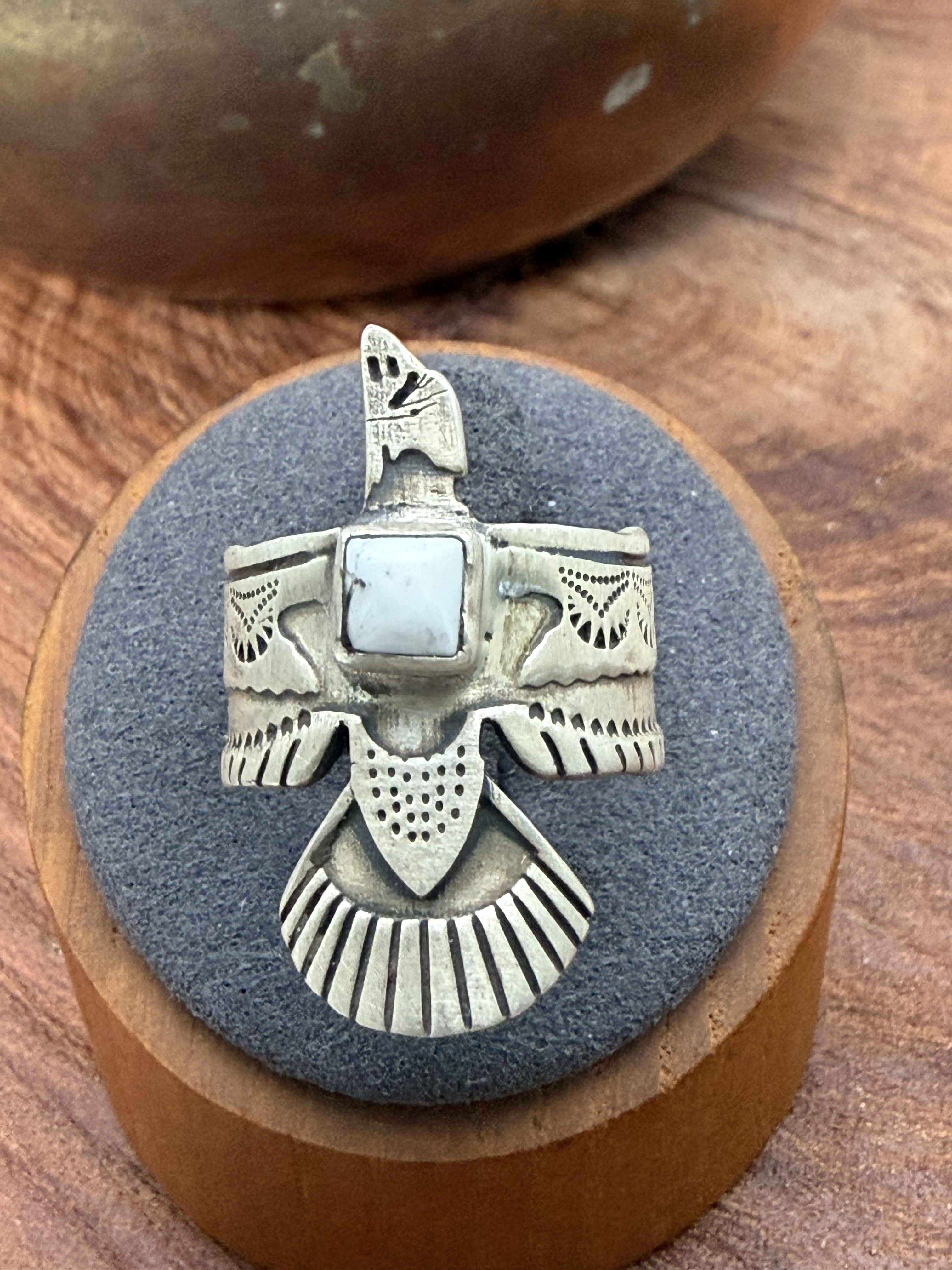 Sterling Silver Thunderbird with White Buffalo Ring
