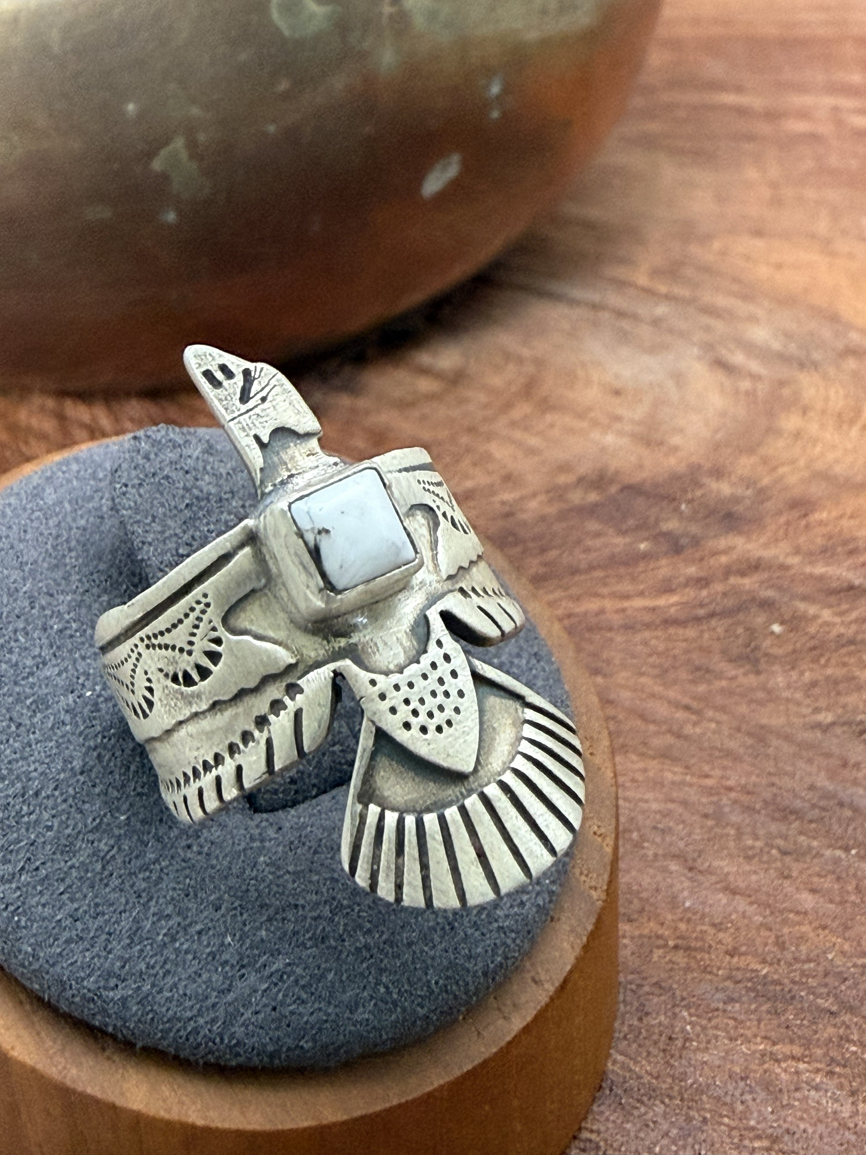 Sterling Silver Thunderbird with White Buffalo Ring