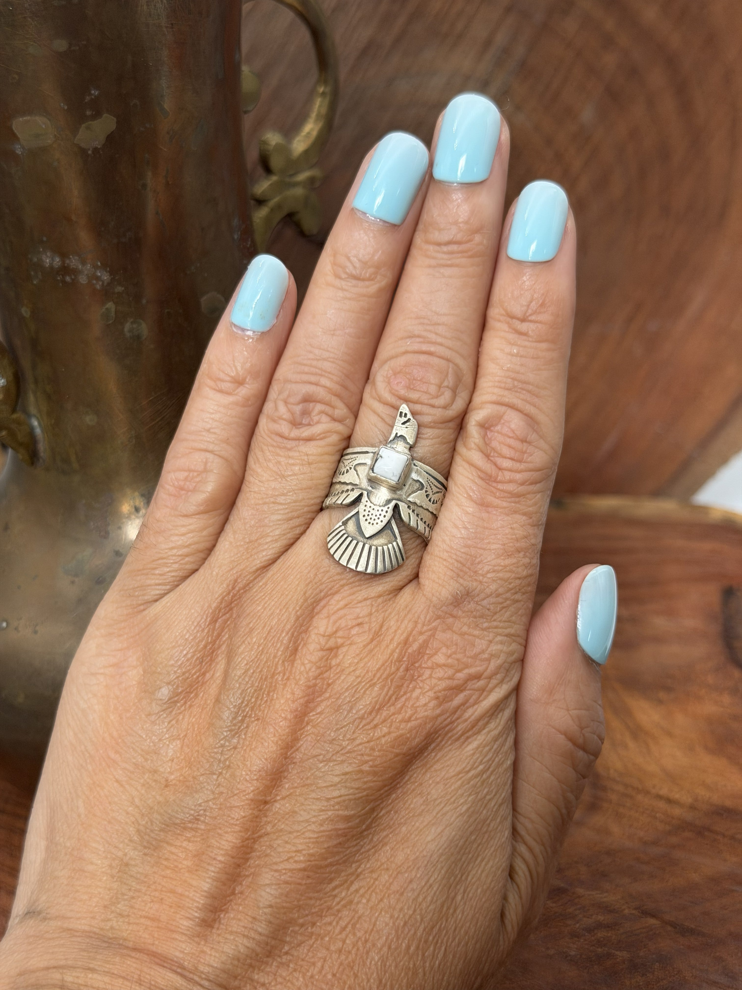 Sterling Silver Thunderbird with White Buffalo Ring