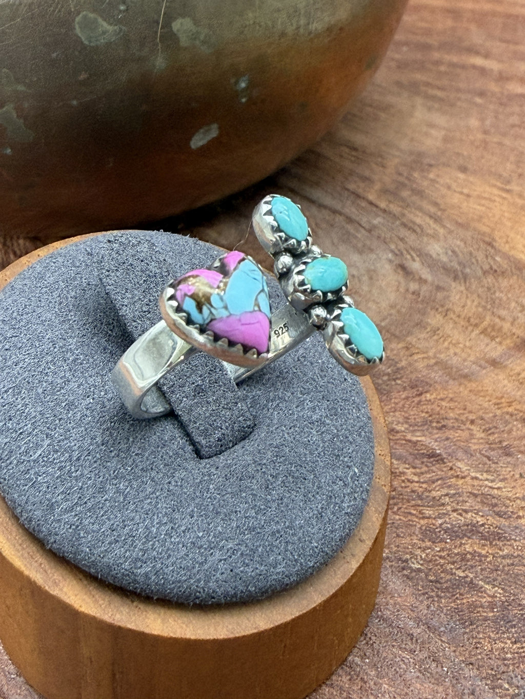 Cotton Candy Heart with 3 Stone Turquoise Bypass Ring