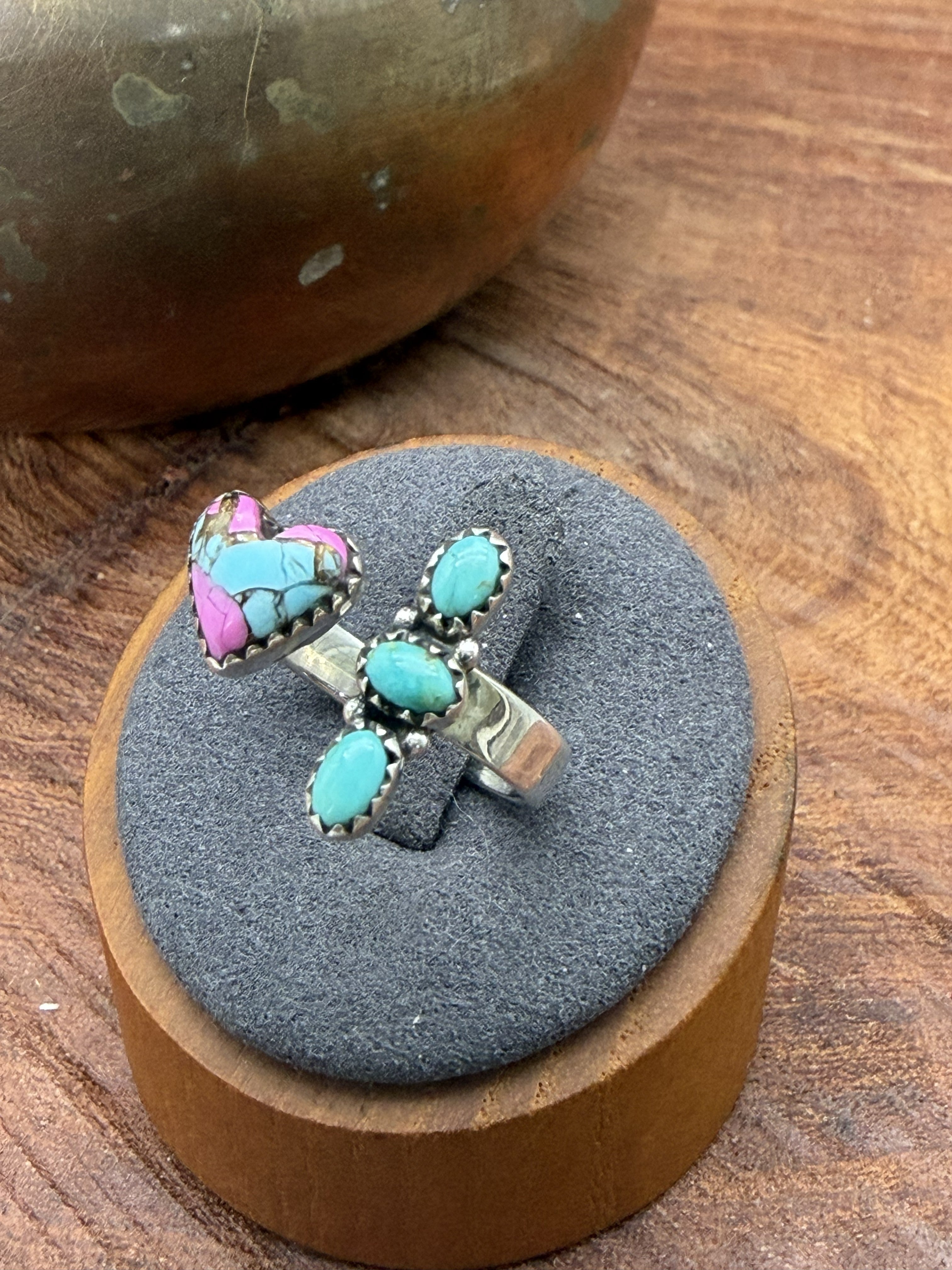 Cotton Candy Heart with 3 Stone Turquoise Bypass Ring