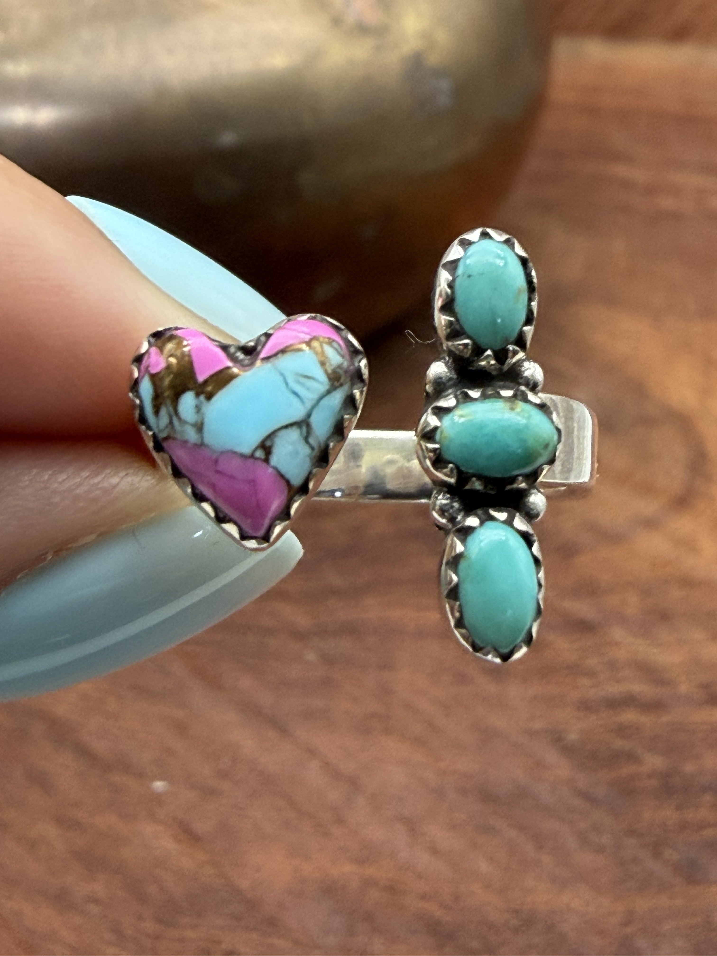 Cotton Candy Heart with 3 Stone Turquoise Bypass Ring