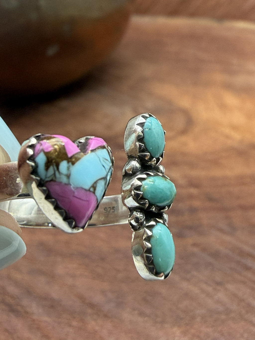 Cotton Candy Heart with 3 Stone Turquoise Bypass Ring