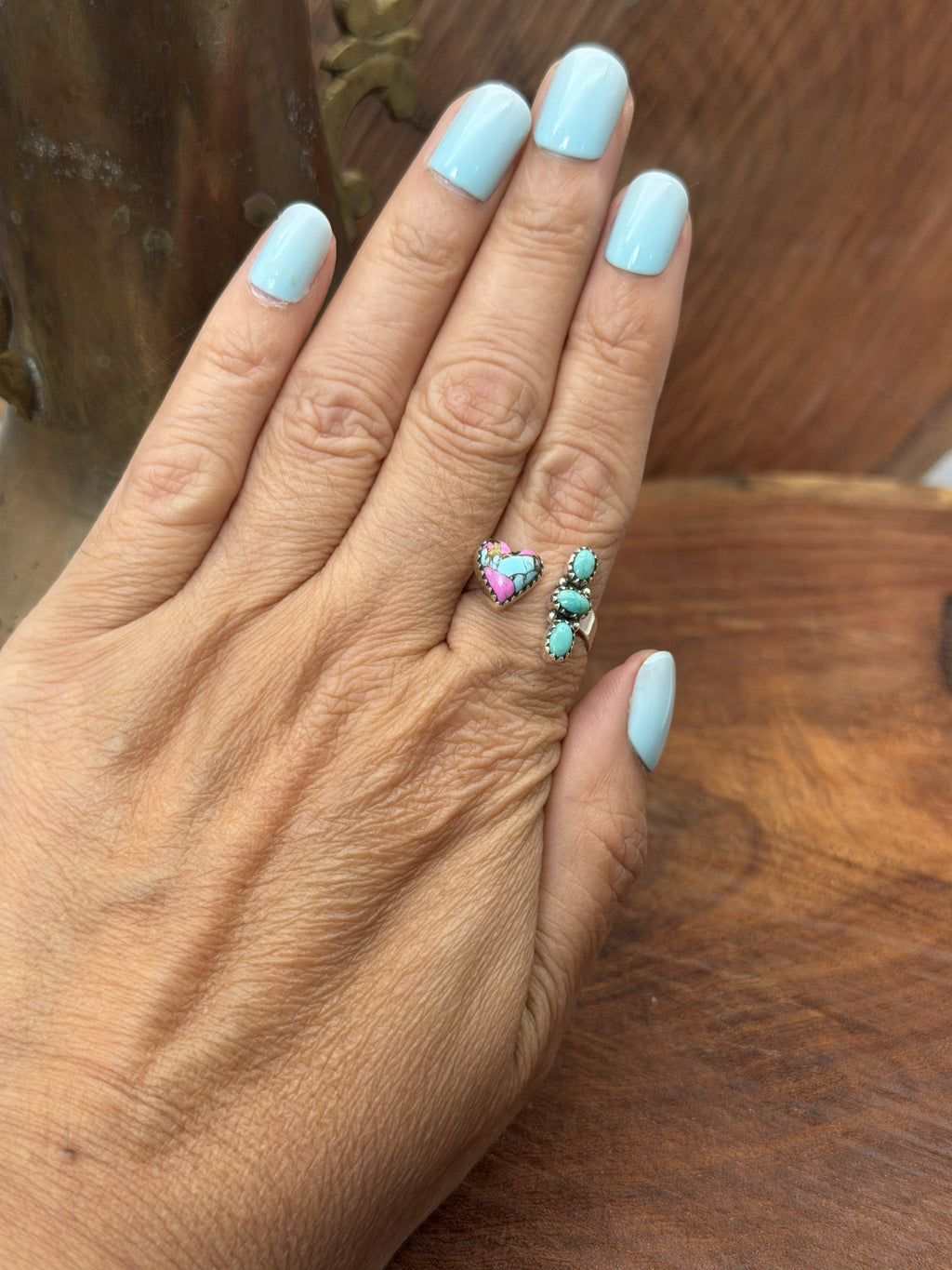 Cotton Candy Heart with 3 Stone Turquoise Bypass Ring
