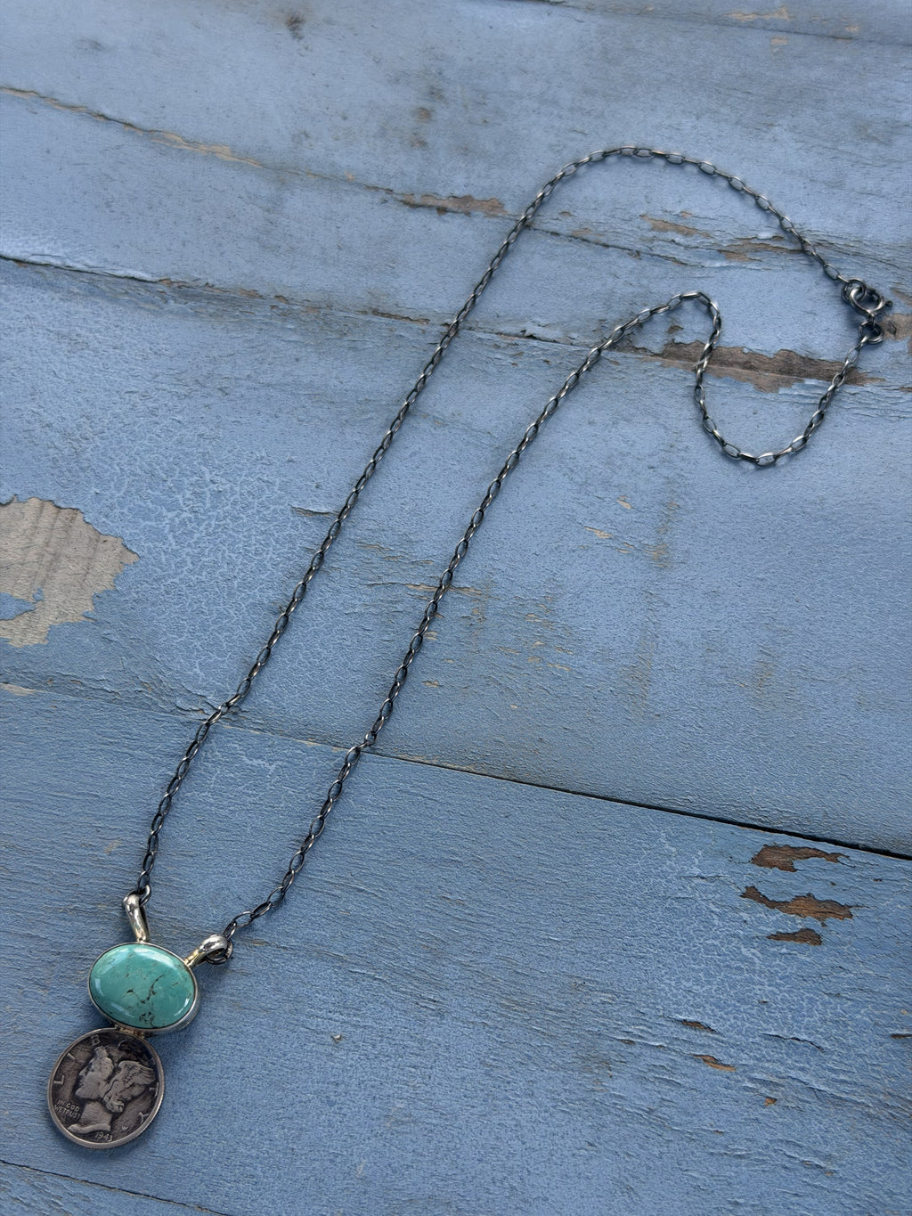 *Native American Made*  Navajo Keith Henry:  18" Carico Lake Turquoise  with Sterling Silver Liberty Dime Necklace