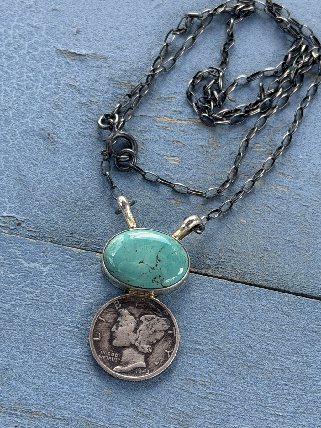 *Native American Made*  Navajo Keith Henry:  18" Carico Lake Turquoise  with Sterling Silver Liberty Dime Necklace