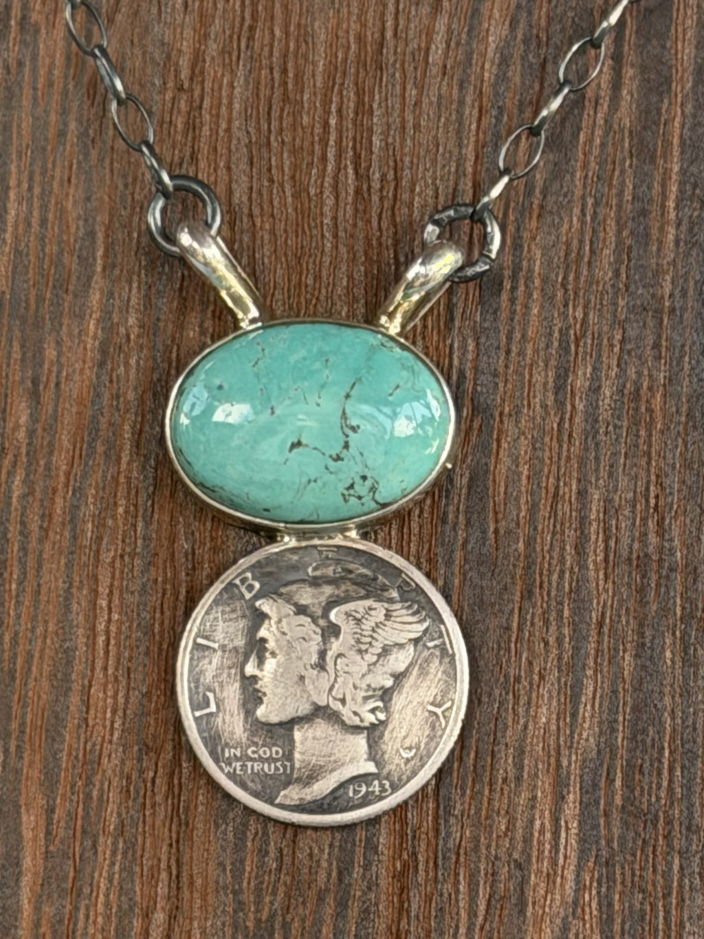 *Native American Made*  Navajo Keith Henry:  18" Carico Lake Turquoise  with Sterling Silver Liberty Dime Necklace