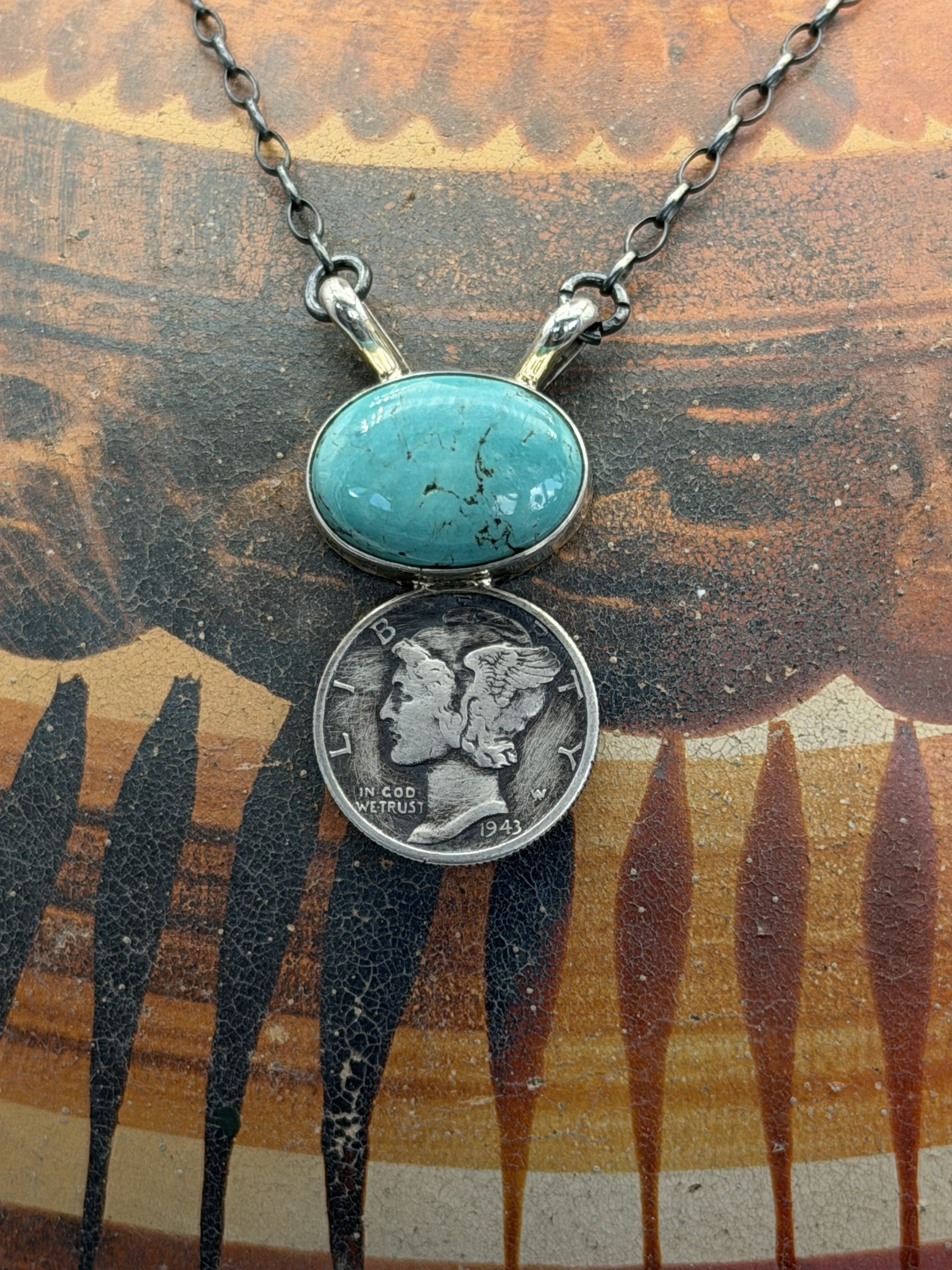 *Native American Made*  Navajo Keith Henry:  18" Carico Lake Turquoise  with Sterling Silver Liberty Dime Necklace