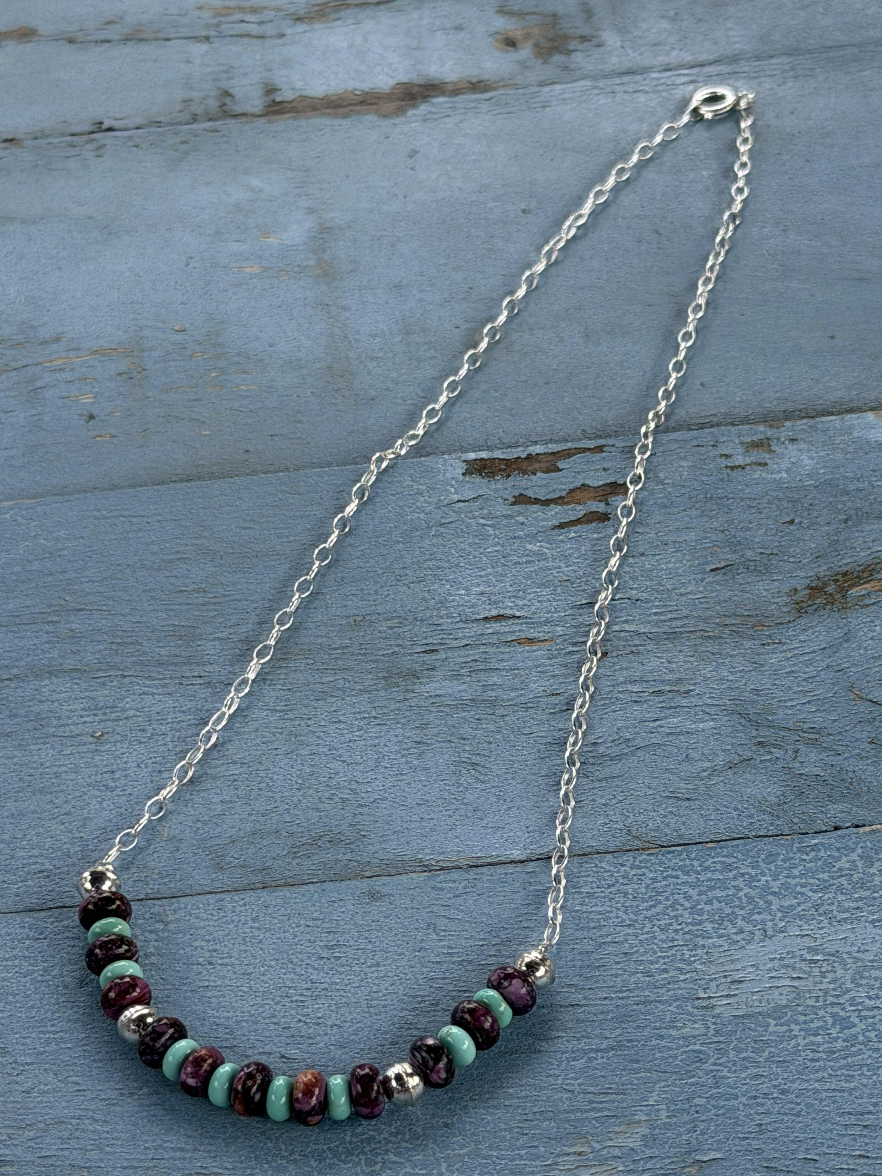 *Native American Made*  Navajo Tiffany Garcia  18" Turquoise with Purple Spiny Oyster Bar Necklace