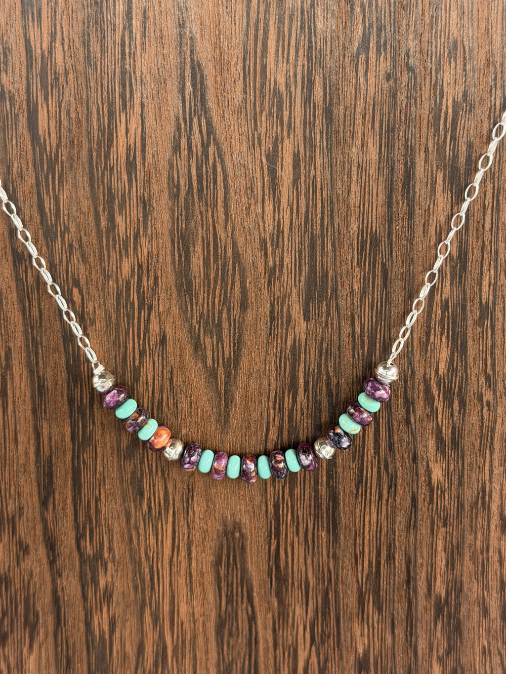 *Native American Made*  Navajo Tiffany Garcia  18" Turquoise with Purple Spiny Oyster Bar Necklace