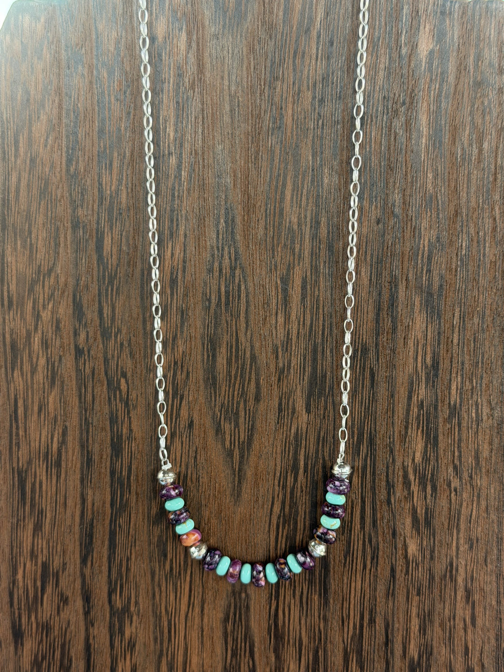 *Native American Made*  Navajo Tiffany Garcia  18" Turquoise with Purple Spiny Oyster Bar Necklace