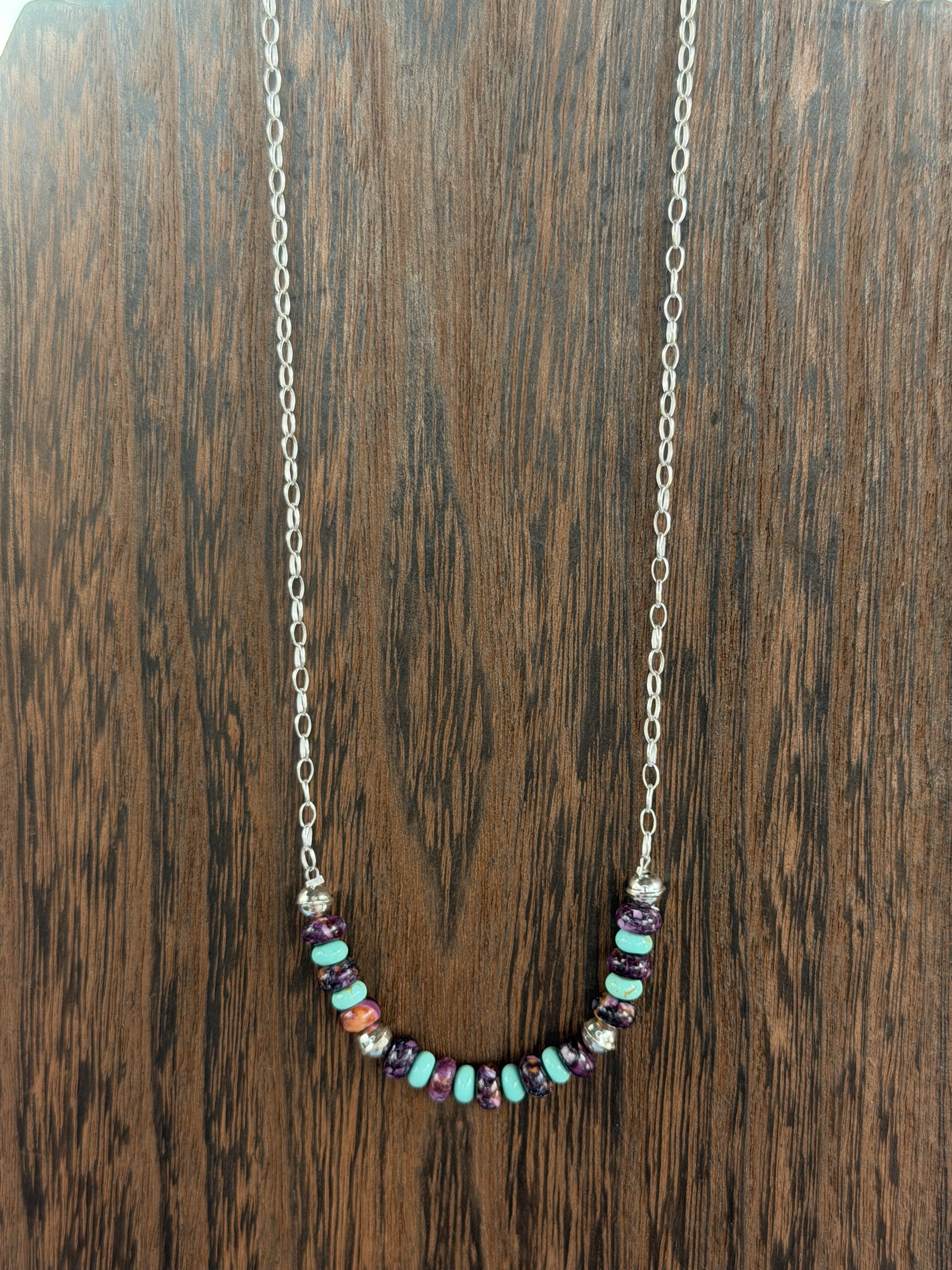 *Native American Made*  Navajo Tiffany Garcia  18" Turquoise with Purple Spiny Oyster Bar Necklace