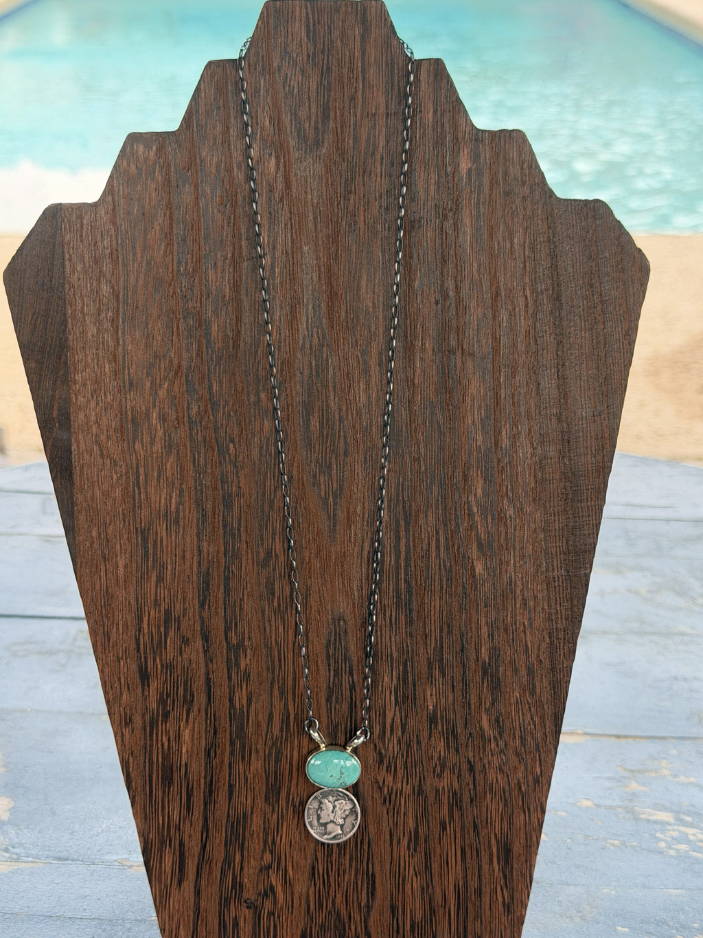 *Native American Made*  Navajo Keith Henry:  18" Carico Lake Turquoise  with Sterling Silver Liberty Dime Necklace