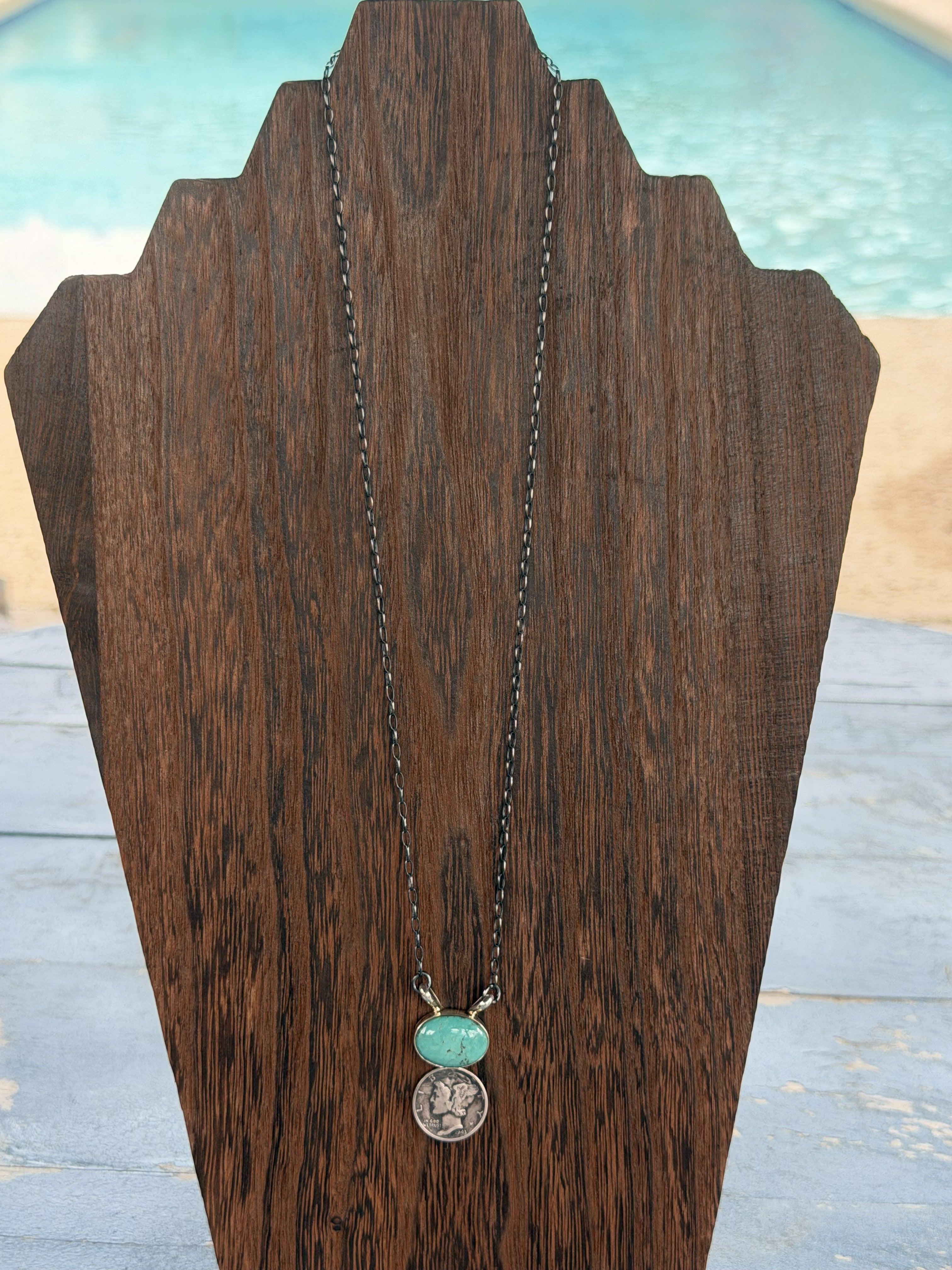 *Native American Made*  Navajo Keith Henry:  18" Carico Lake Turquoise  with Sterling Silver Liberty Dime Necklace