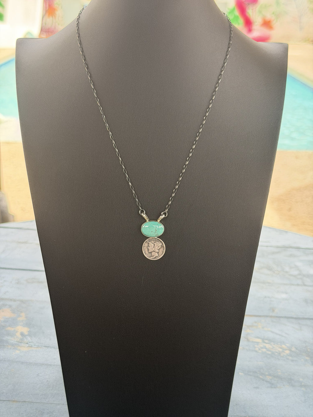 *Native American Made*  Navajo Keith Henry:  18" Carico Lake Turquoise  with Sterling Silver Liberty Dime Necklace