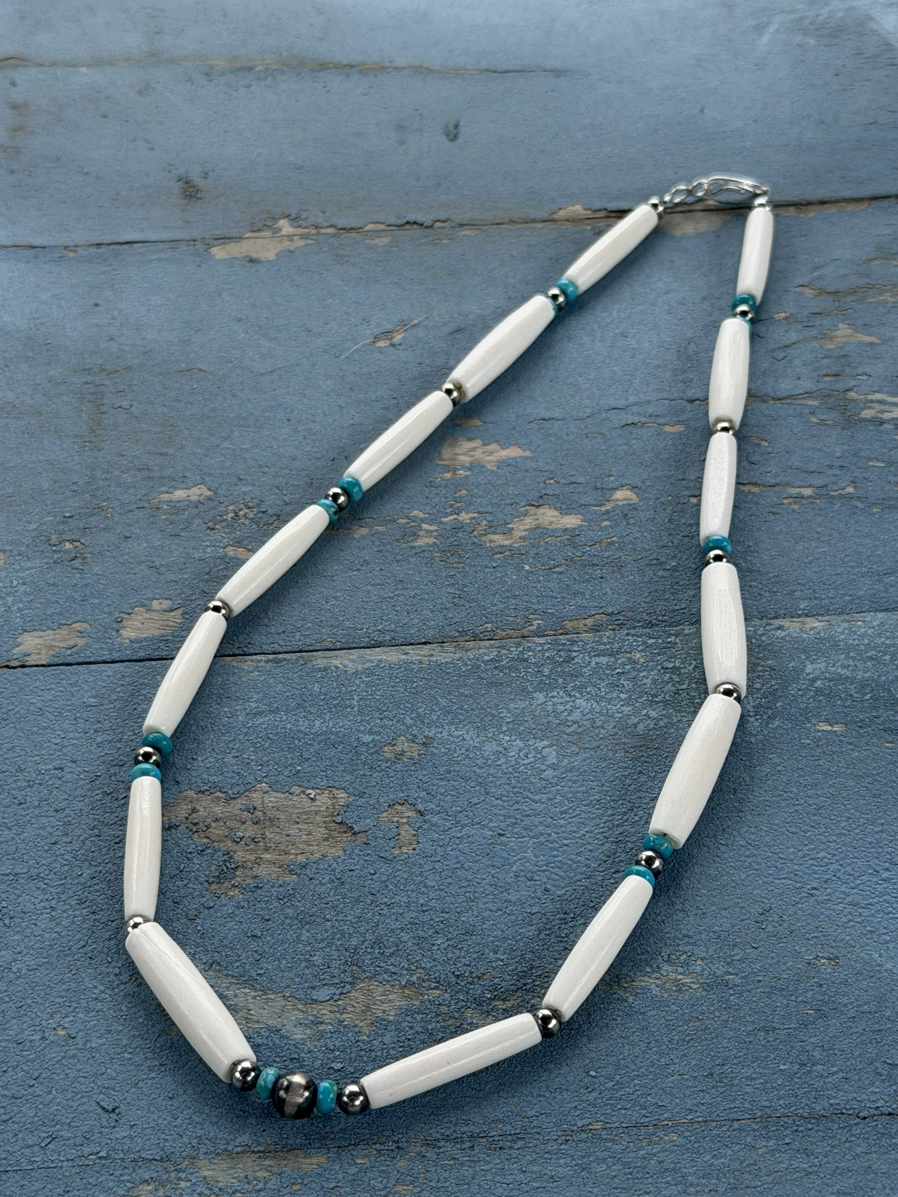 *Native American Made* Navajo Kimberly Tom:  18" Natural Bone with Turquoise Beads Necklace