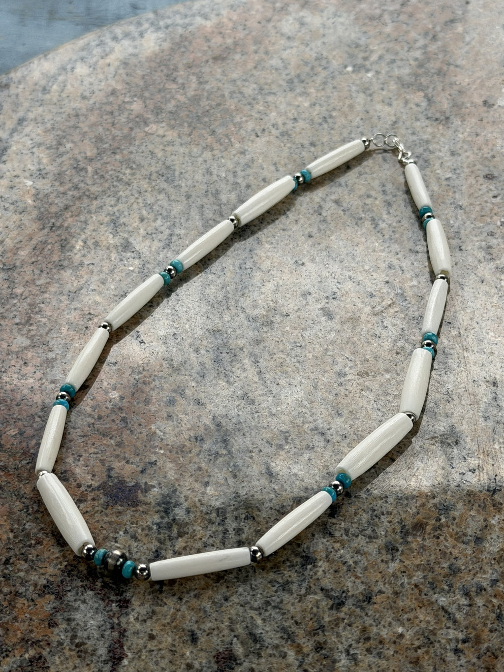*Native American Made* Navajo Kimberly Tom:  18" Natural Bone with Turquoise Beads Necklace