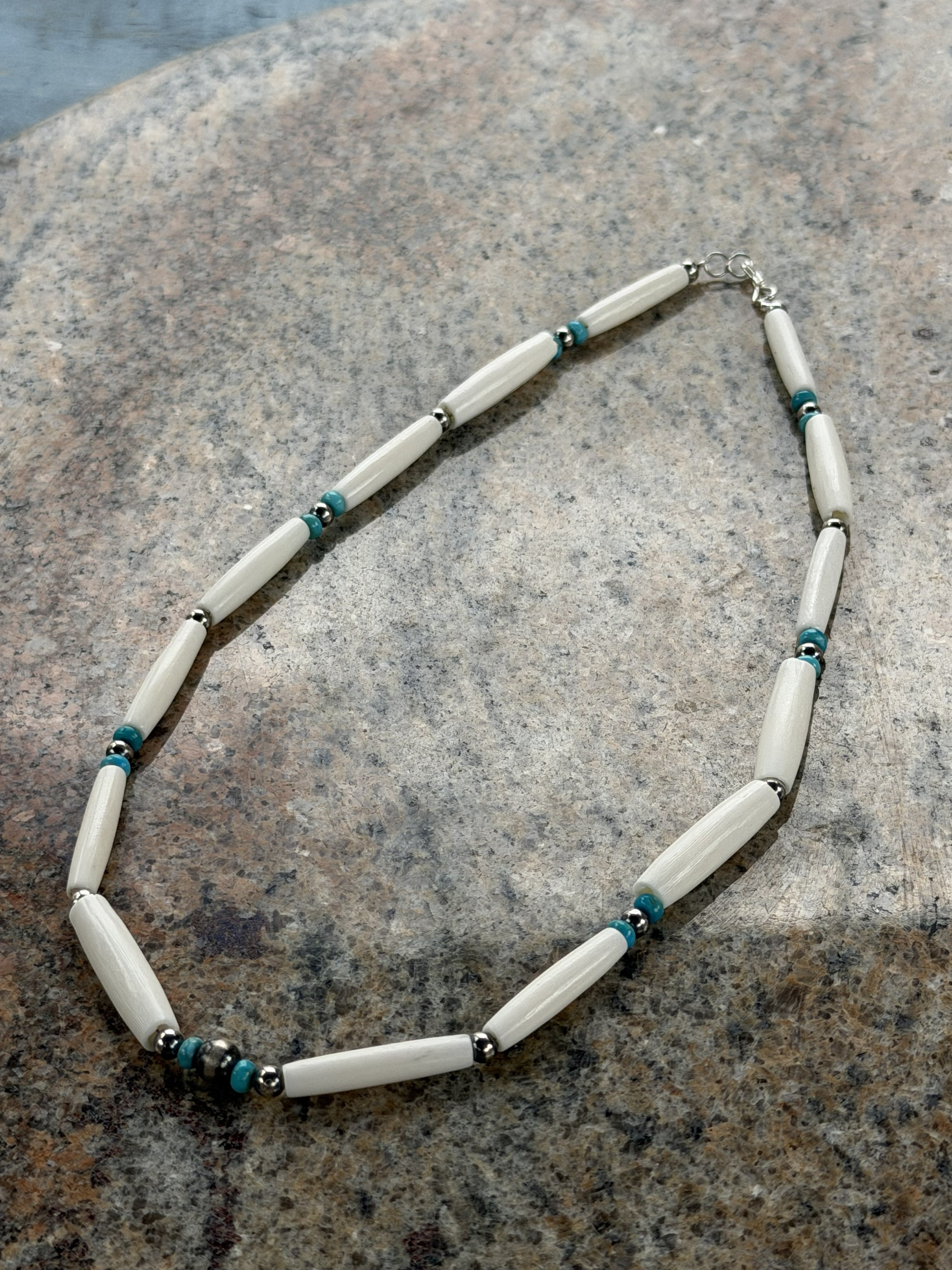 *Native American Made* Navajo Kimberly Tom:  18" Natural Bone with Turquoise Beads Necklace