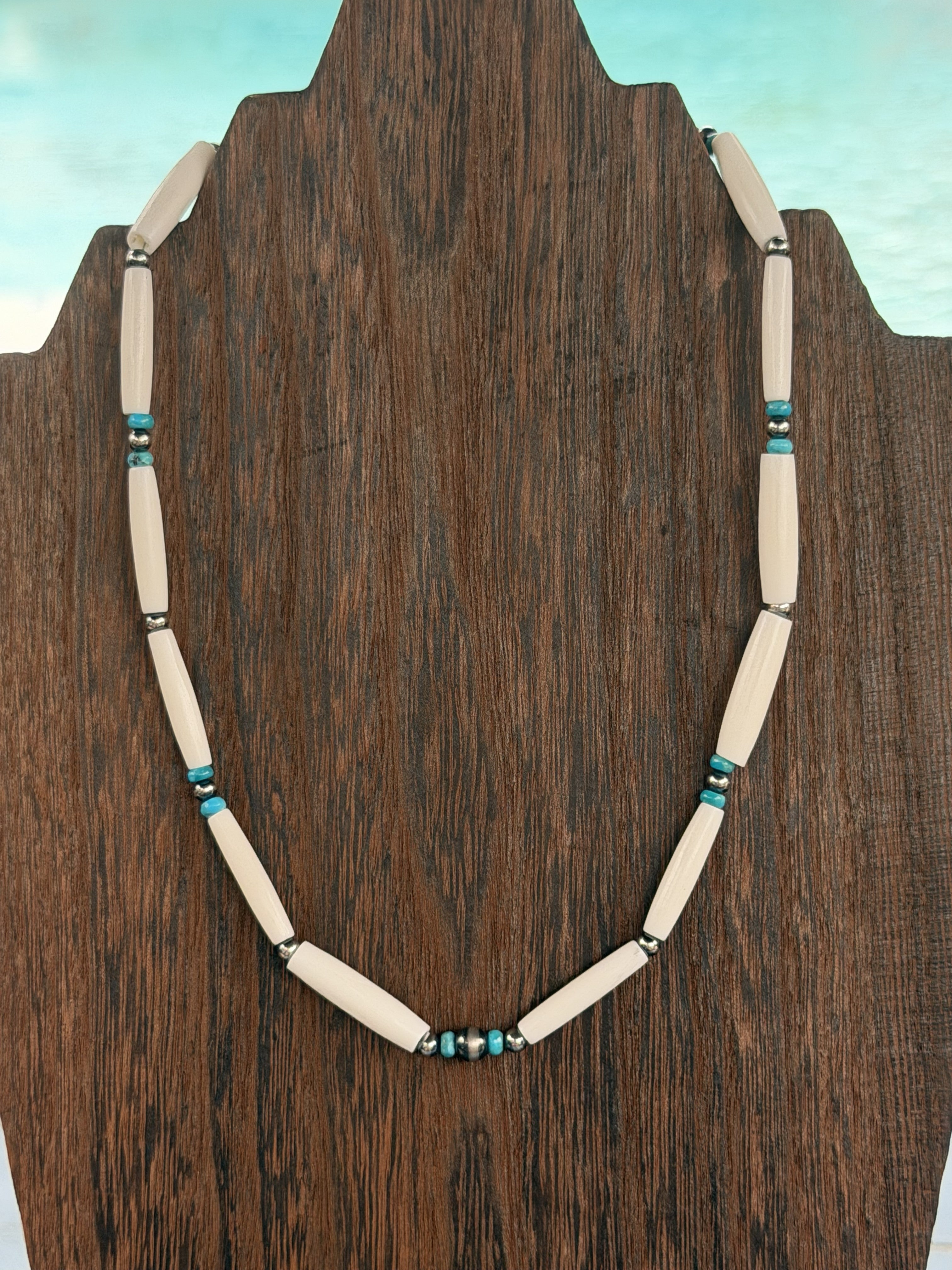 *Native American Made* Navajo Kimberly Tom:  18" Natural Bone with Turquoise Beads Necklace